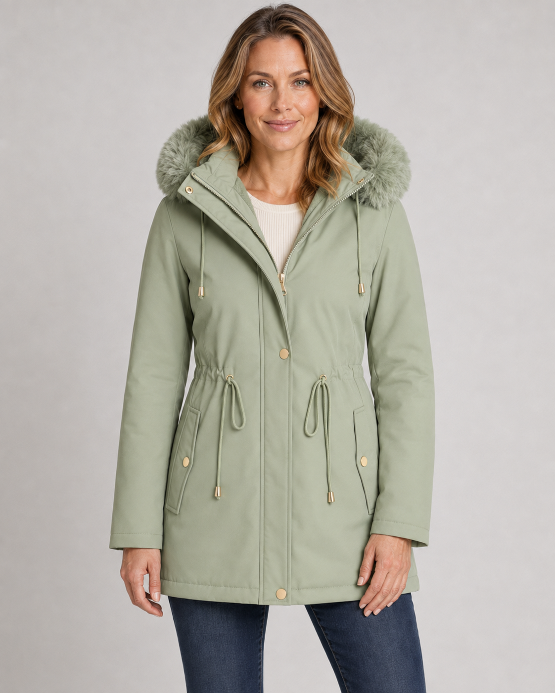 Faux Fur Hood Drawstring Waist Zip Parka Coat
