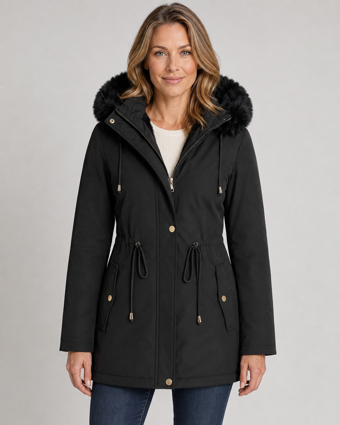 Faux Fur Hood Drawstring Waist Zip Parka Coat