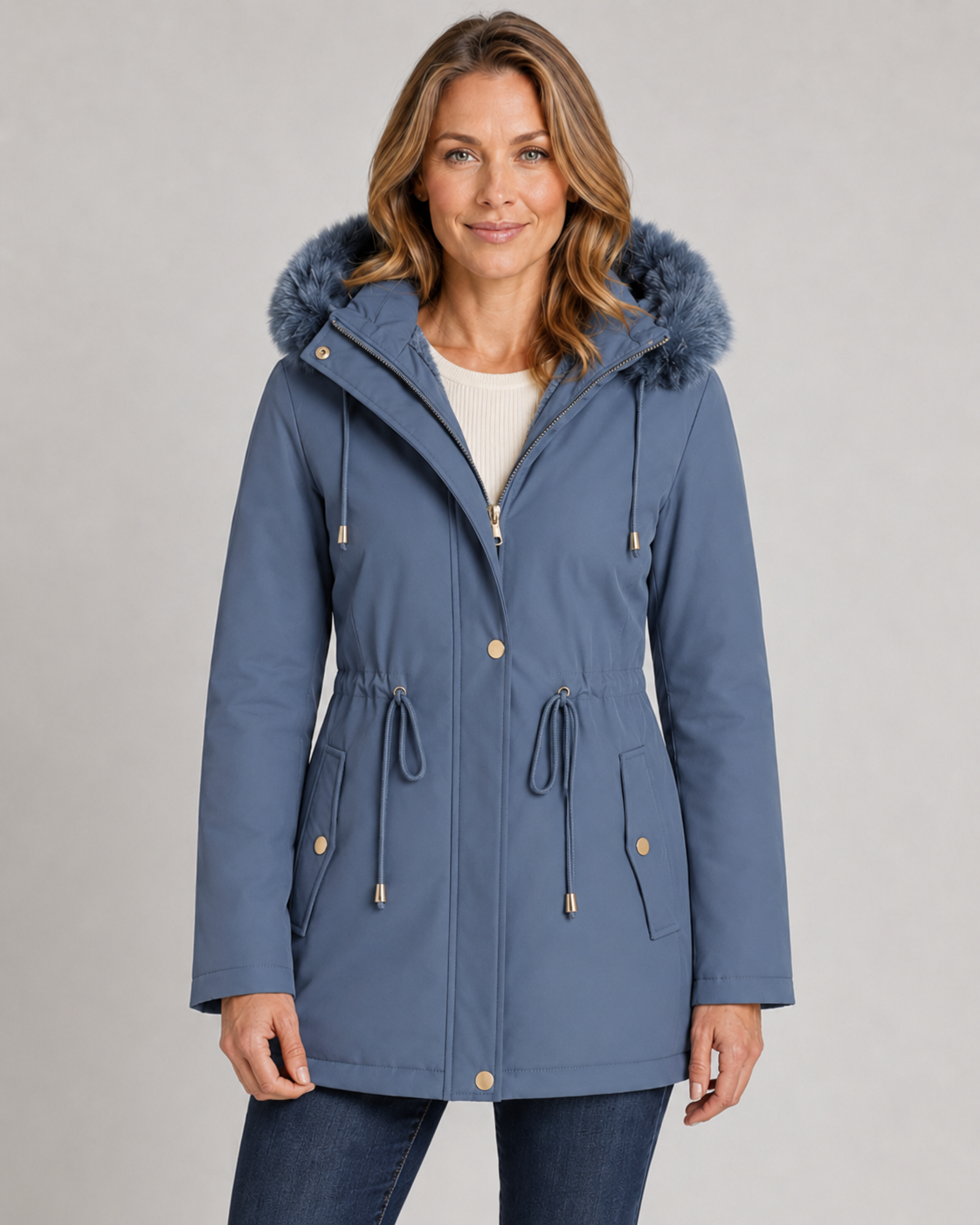 Faux Fur Hood Drawstring Waist Zip Parka Coat