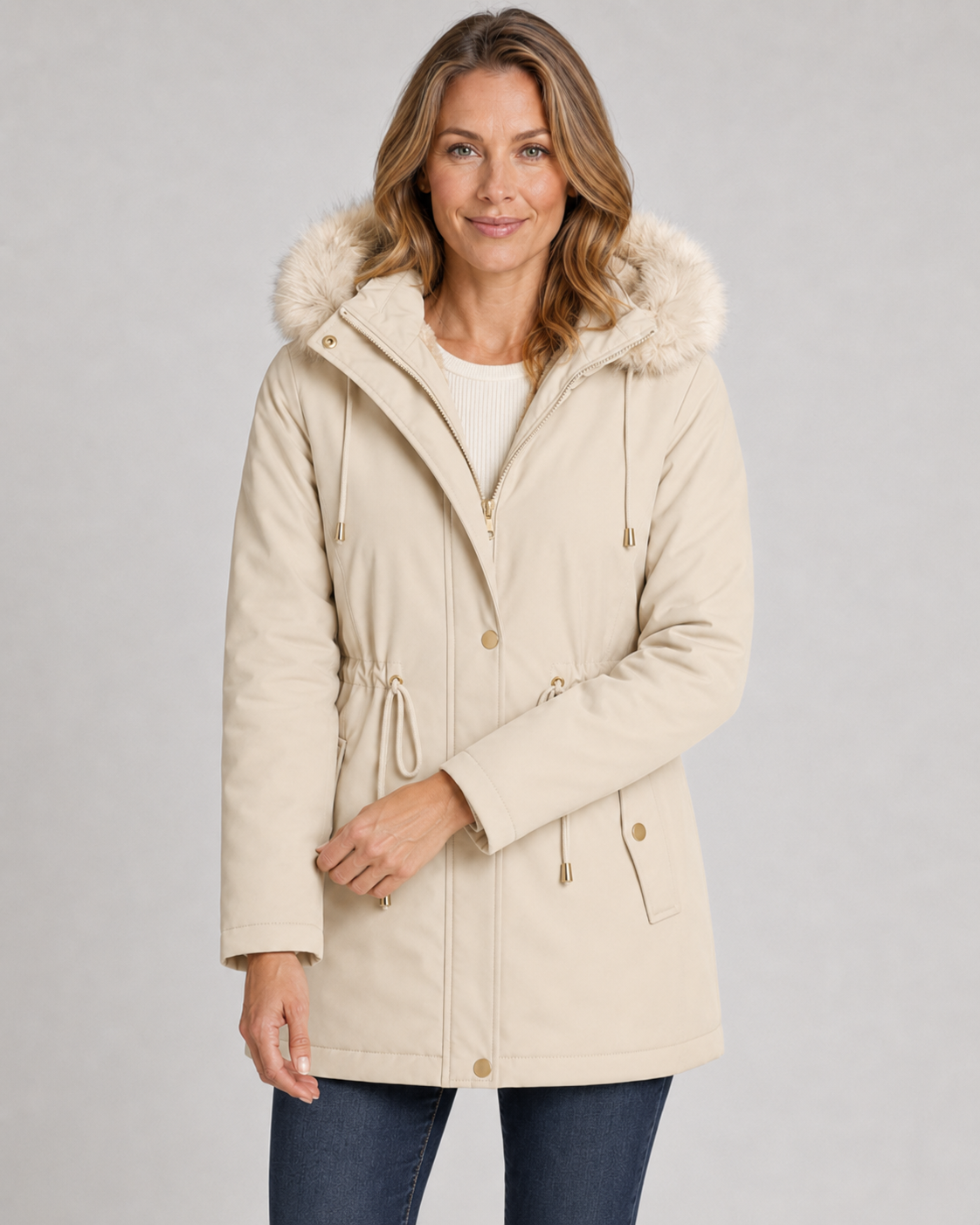 Faux Fur Hood Drawstring Waist Zip Parka Coat