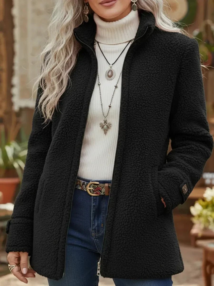 Teddy Fleece Stand Collar Zip Front Jacket