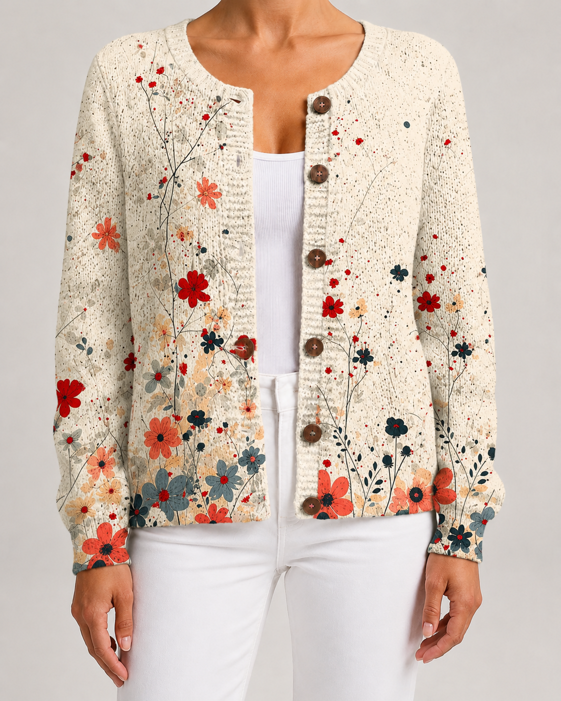 Wildflower Floral Print Button Front Knit Cardigan