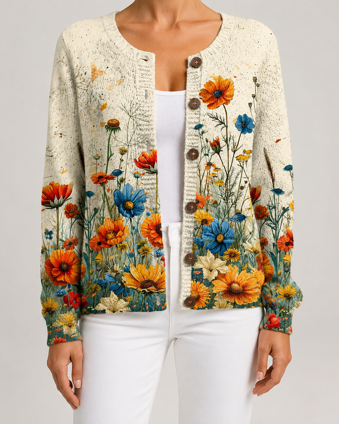 Wildflower Floral Print Button Front Knit Cardigan