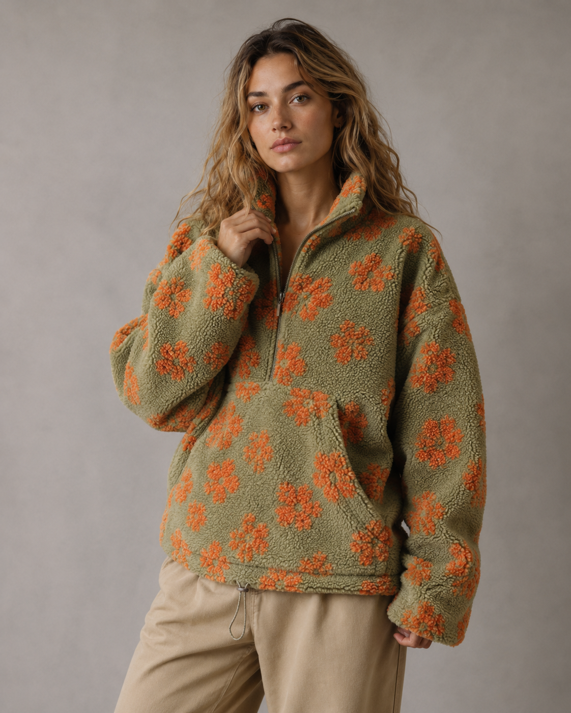 Floral Textured Funnel Neck Quarter Zip Sherpa Pullover 6