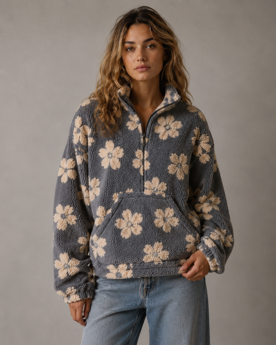Floral Textured Funnel Neck Quarter Zip Sherpa Pullover 8