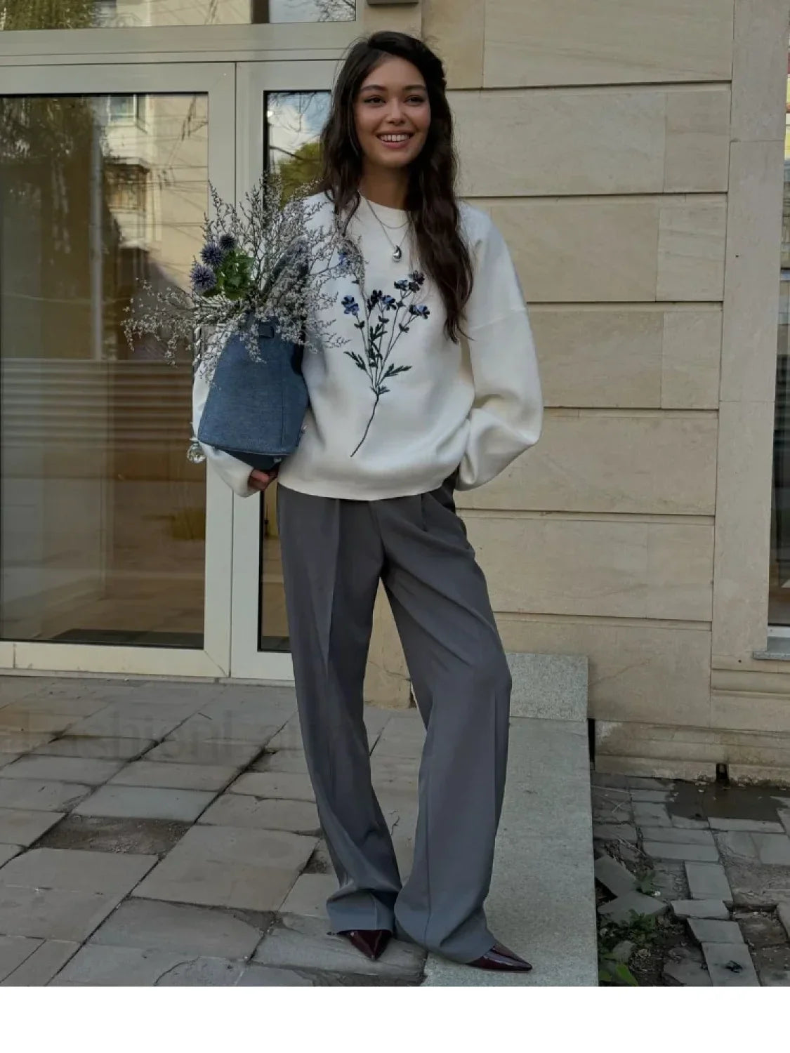 Women's Flower Print Knitted Casual Round Neck Long Sleeve Loose Sweater