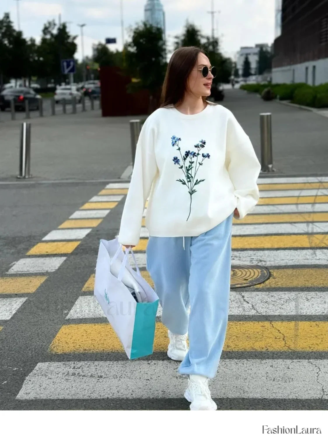 Women's Flower Print Knitted Casual Round Neck Long Sleeve Loose Sweater