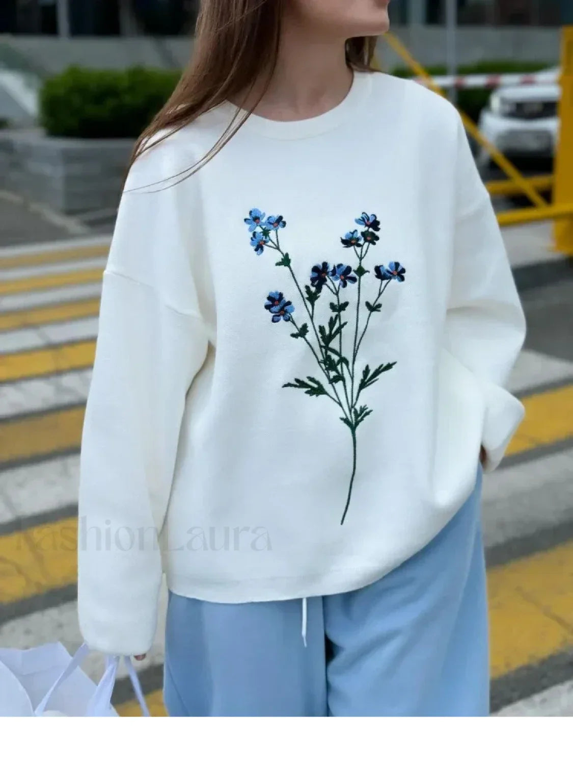 Women's Flower Print Knitted Casual Round Neck Long Sleeve Loose Sweater