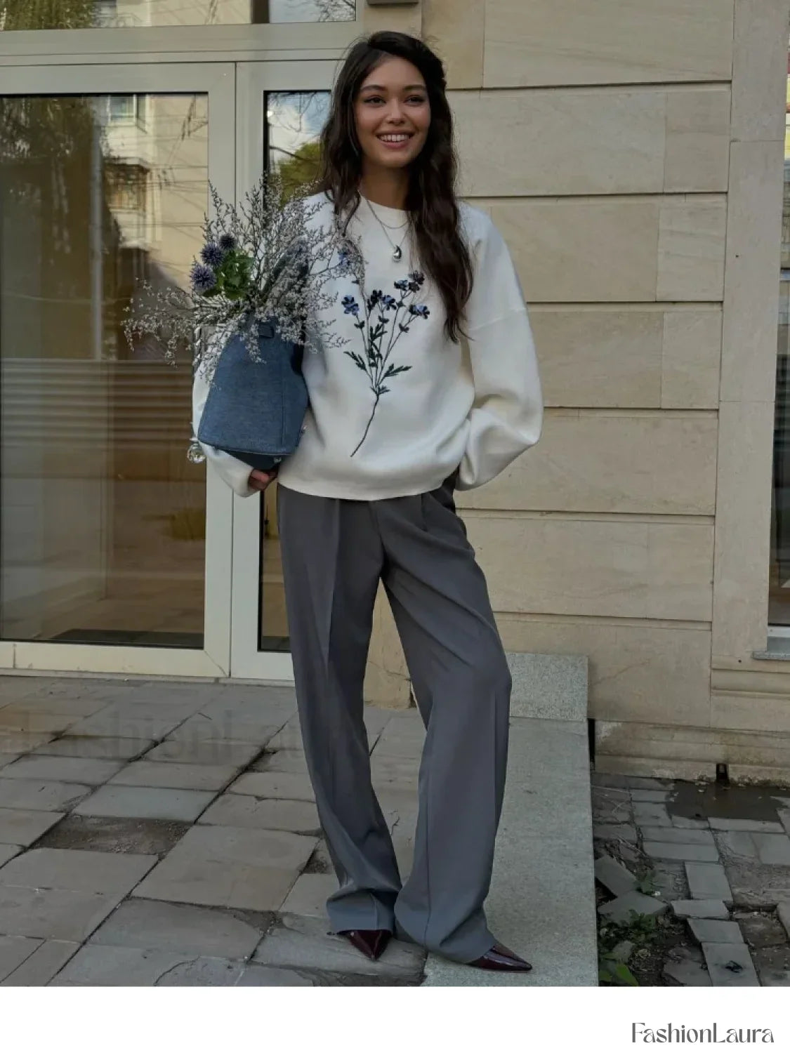 Women's Flower Print Knitted Casual Round Neck Long Sleeve Loose Sweater