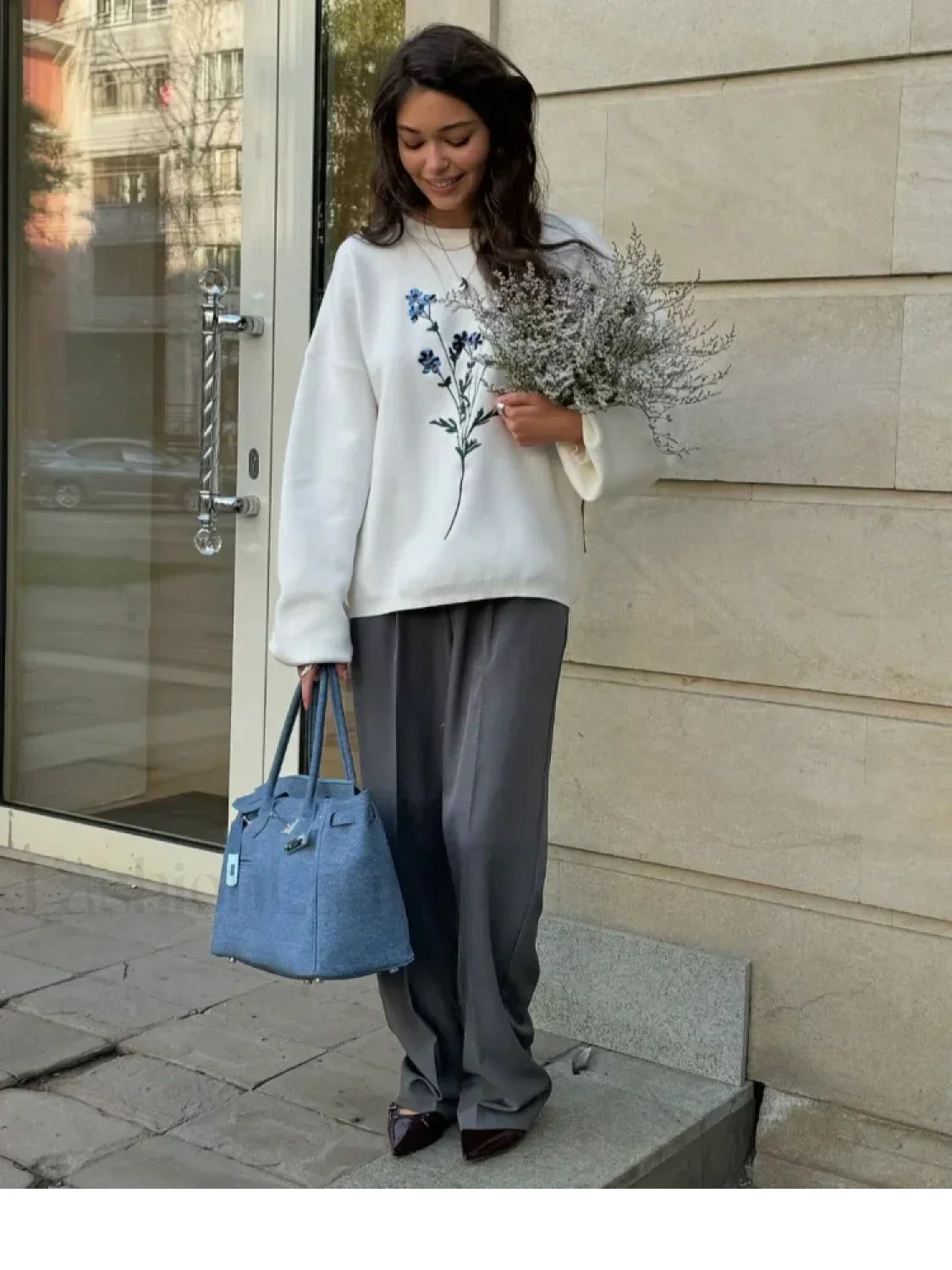 Women's Flower Print Knitted Casual Round Neck Long Sleeve Loose Sweater