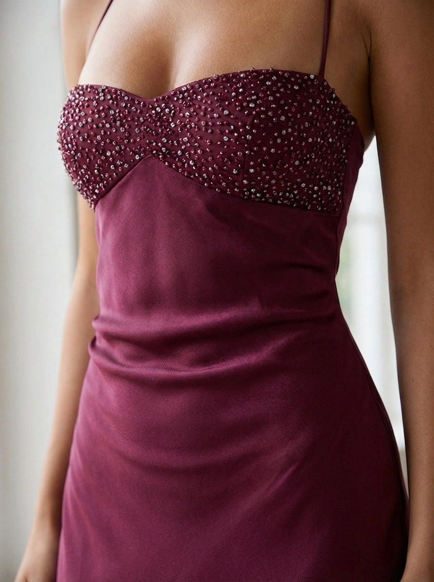 Satin Beaded Bust Strappy Back Slip Maxi Dress