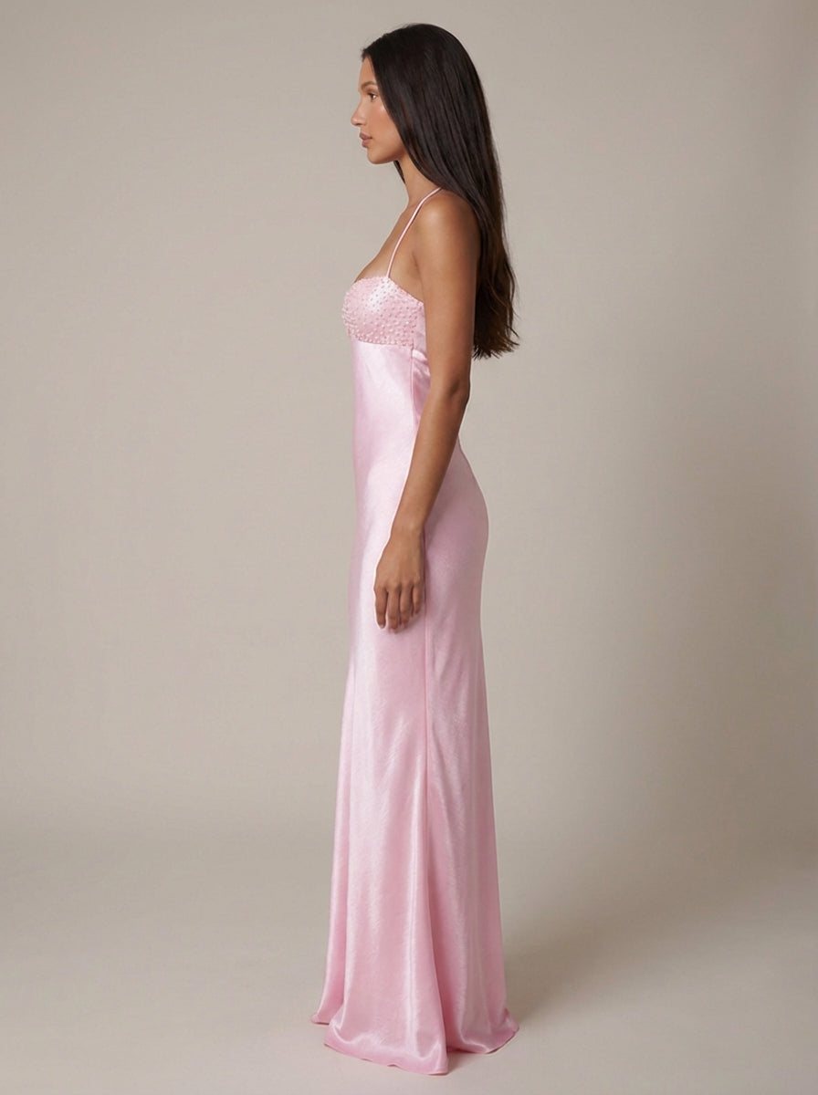 Satin Beaded Bust Strappy Back Slip Maxi Dress