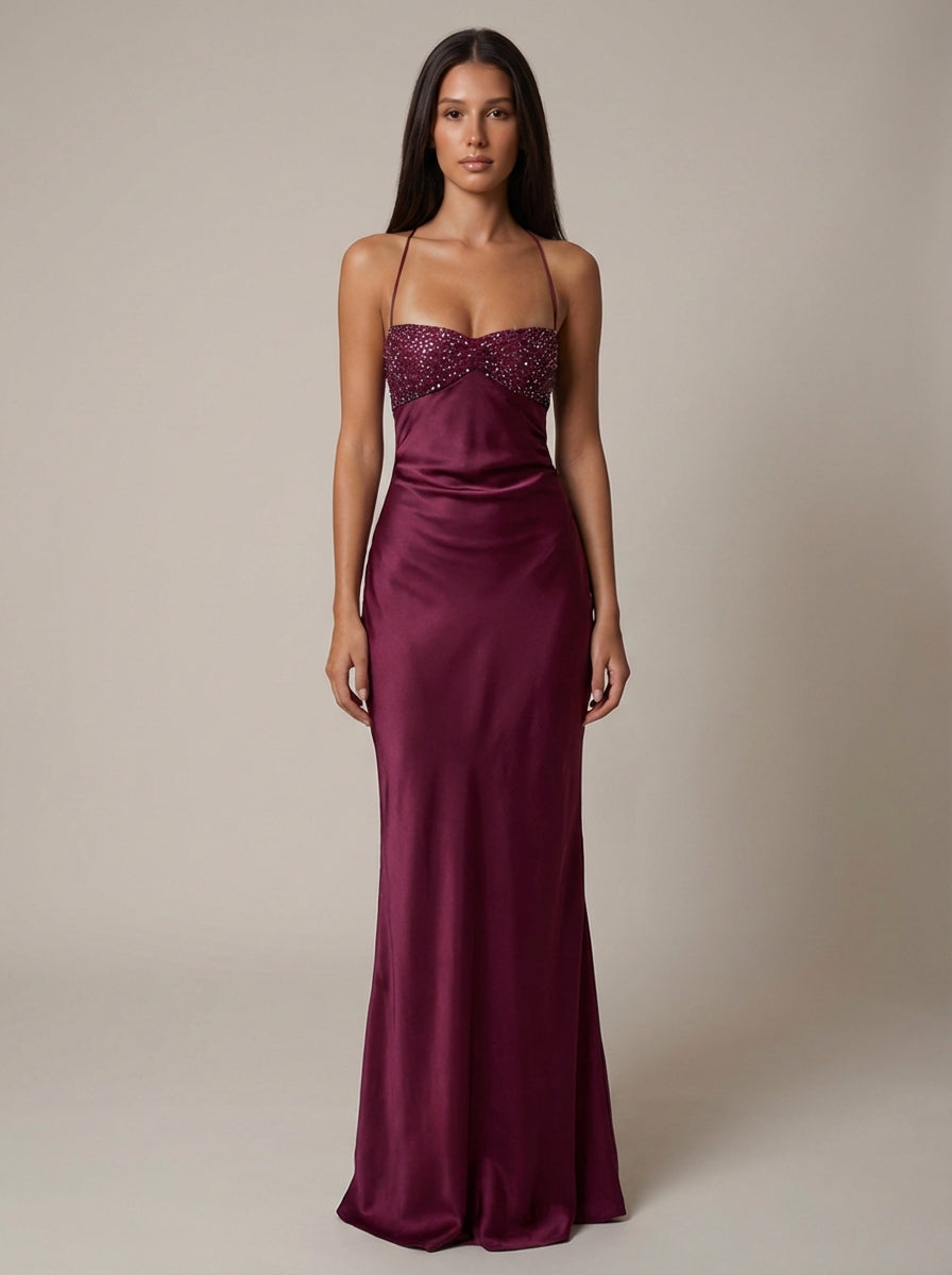 Satin Beaded Bust Strappy Back Slip Maxi Dress