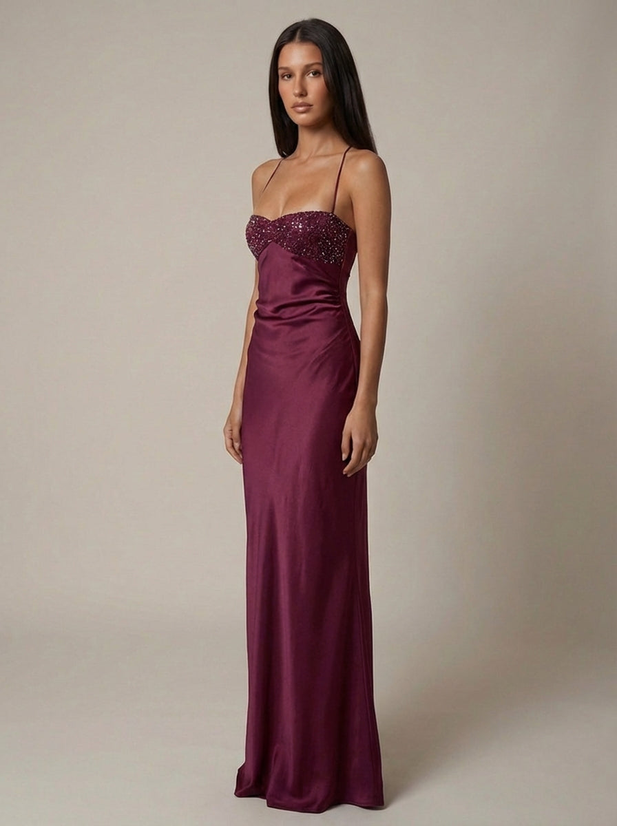 Satin Beaded Bust Strappy Back Slip Maxi Dress