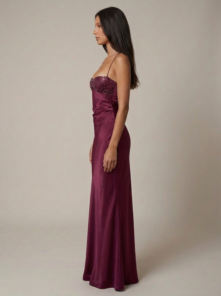 Satin Beaded Bust Strappy Back Slip Maxi Dress