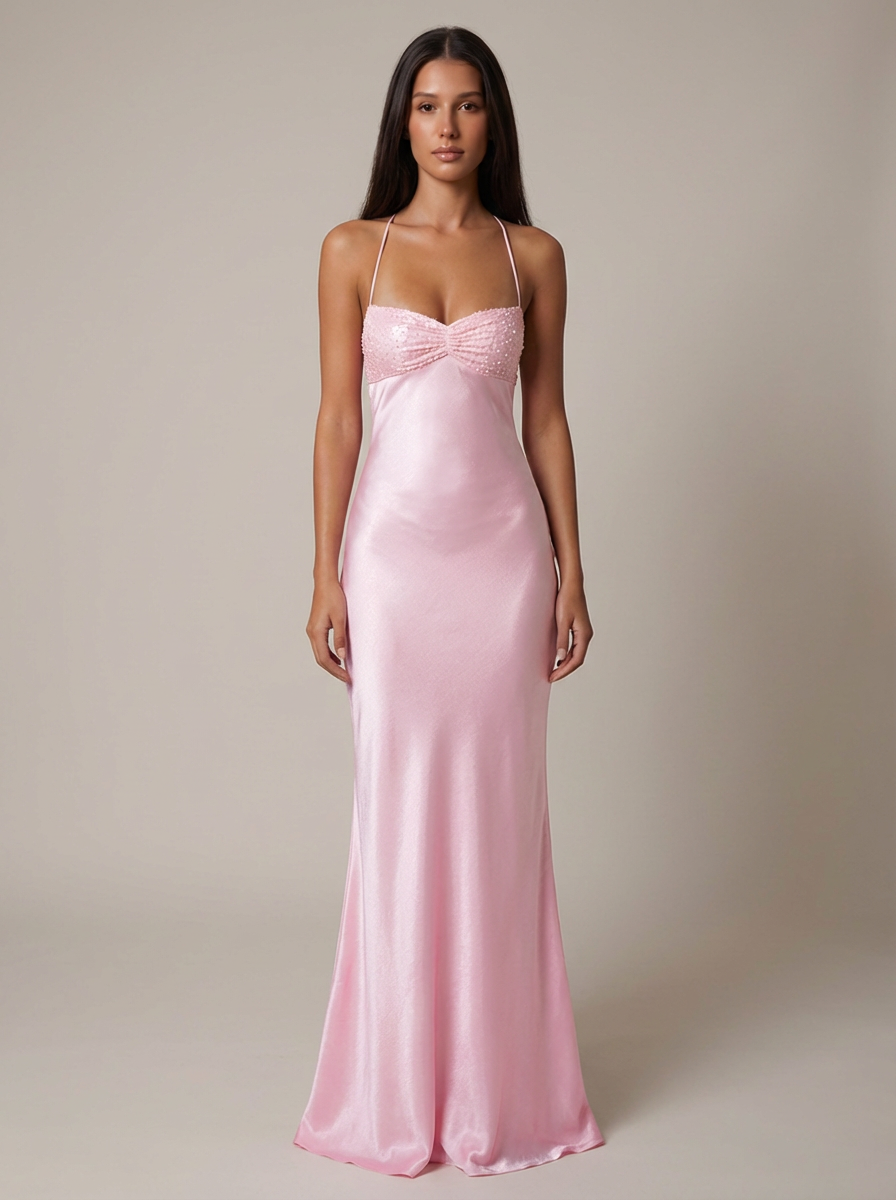 Satin Beaded Bust Strappy Back Slip Maxi Dress