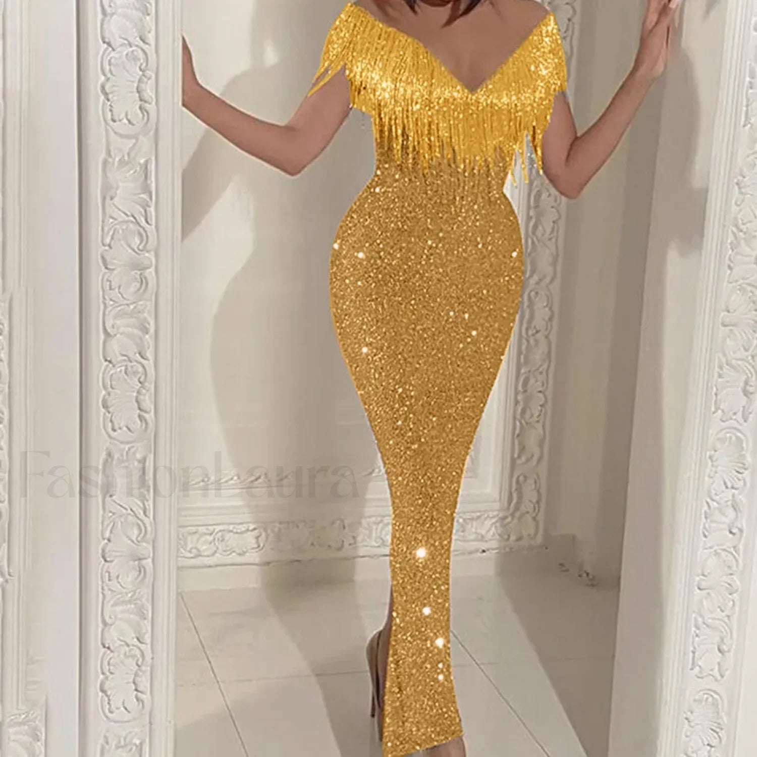 Women's Formal Elegant One Shoulder Solid Glitter Sparkly Sequin Beaded Tassel Bodycon Vintage Birthday Prom Dress