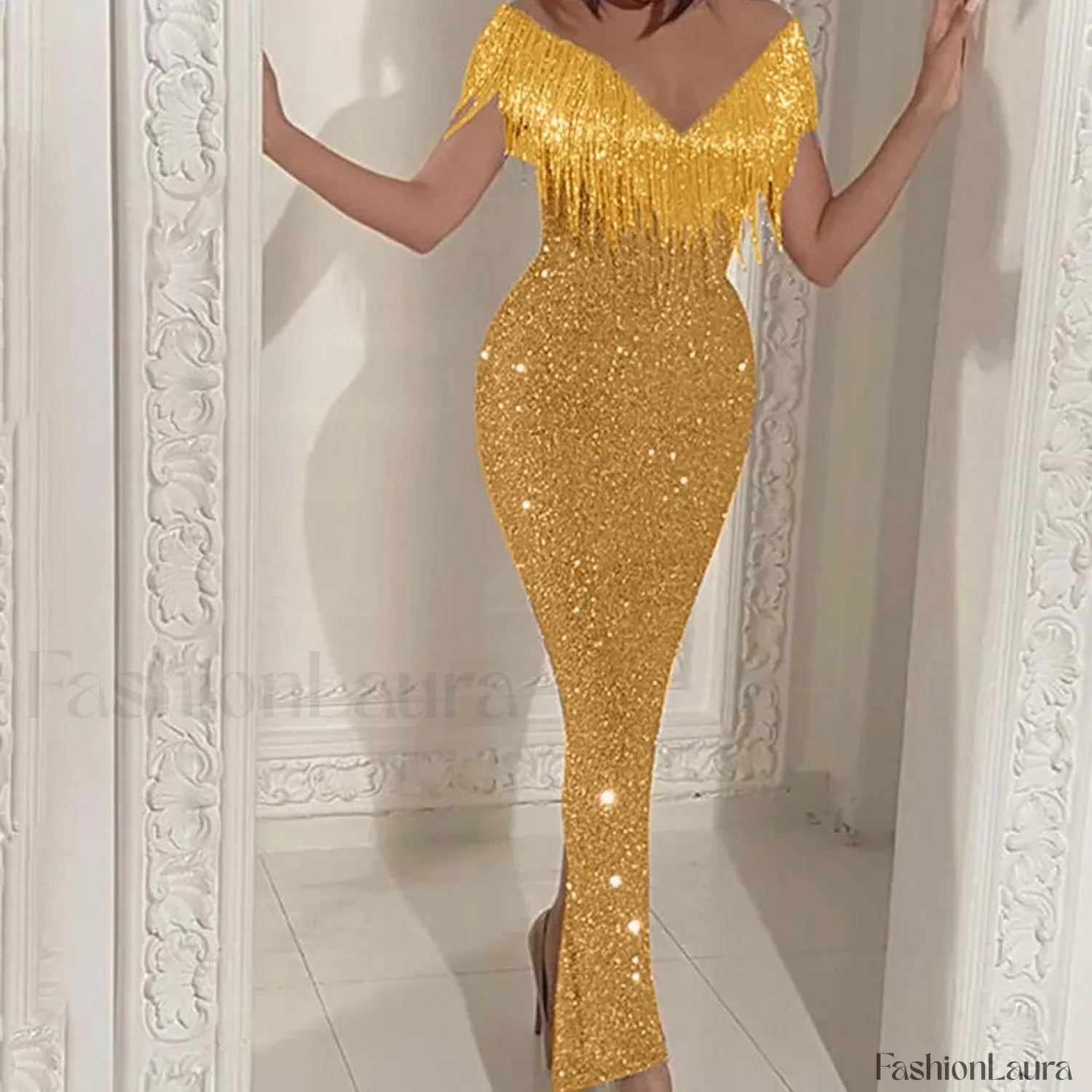 Women's Formal Elegant One Shoulder Solid Glitter Sparkly Sequin Beaded Tassel Bodycon Vintage Birthday Prom Dress