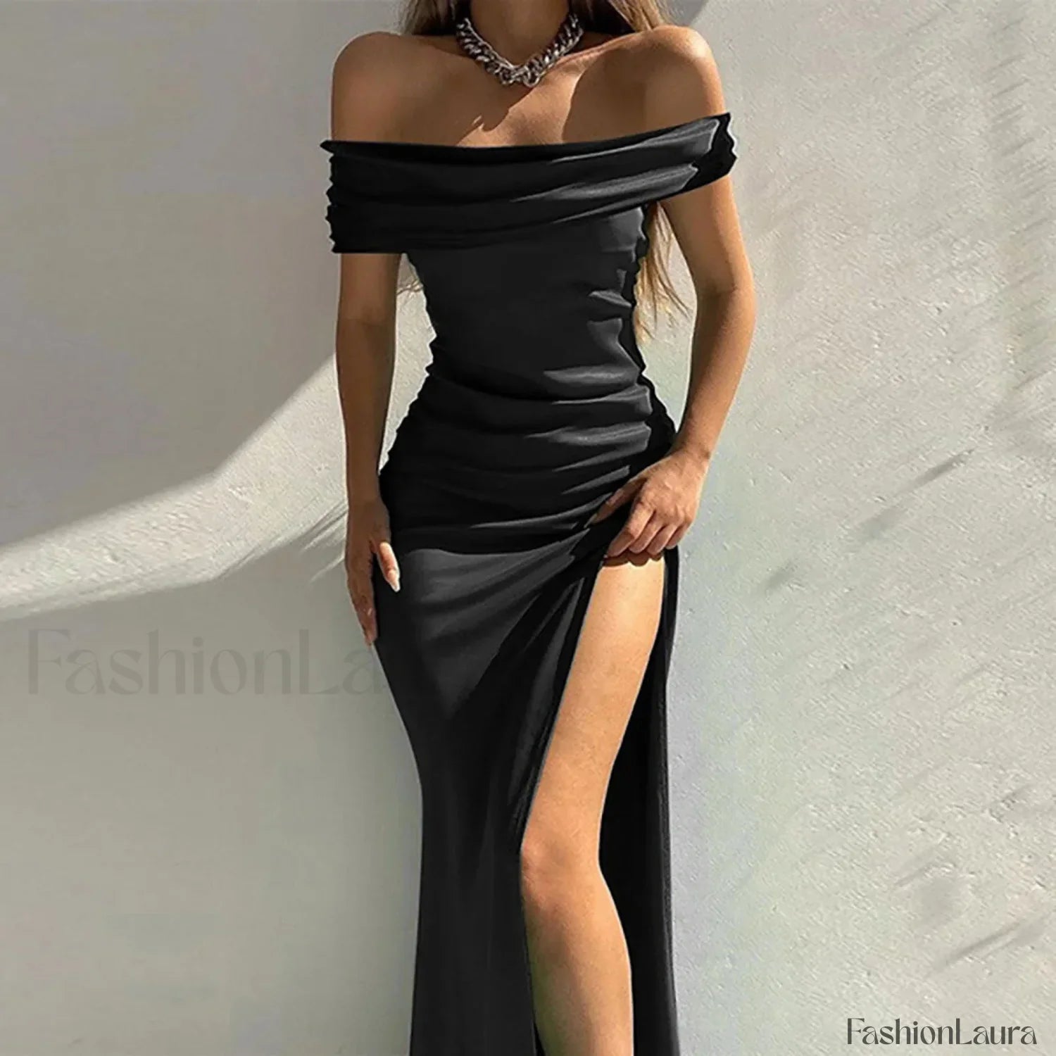 Women's Formal Fashion Solid Color Off Shoulder Satin Slim Side Slit Midi Elegant Evening Prom Dress