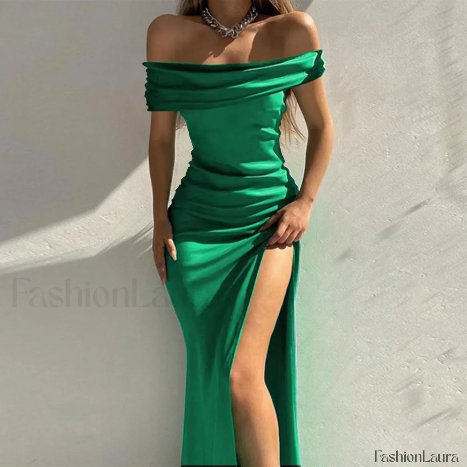 Women's Formal Fashion Solid Color Off Shoulder Satin Slim Side Slit Midi Elegant Evening Prom Dress