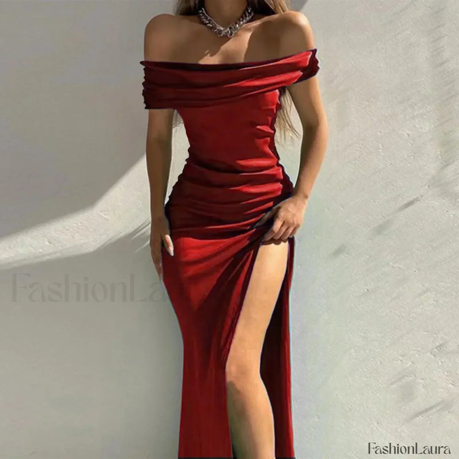 Women's Formal Fashion Solid Color Off Shoulder Satin Slim Side Slit Midi Elegant Evening Prom Dress