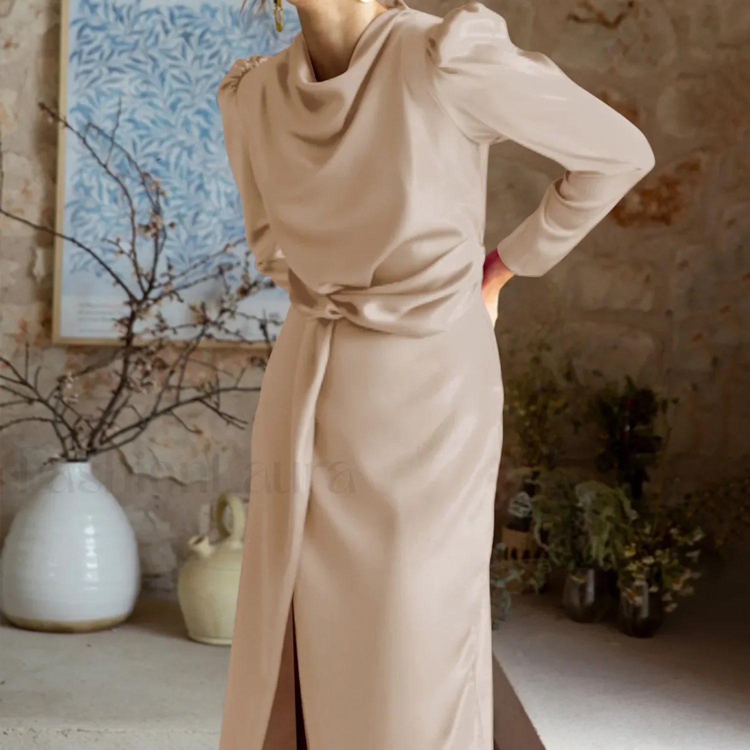 Women's Formal Satin Mock Neck Long Sleeve Silk High Slit Lace Up Cocktail Wedding Guest Maxi Party Prom Dress