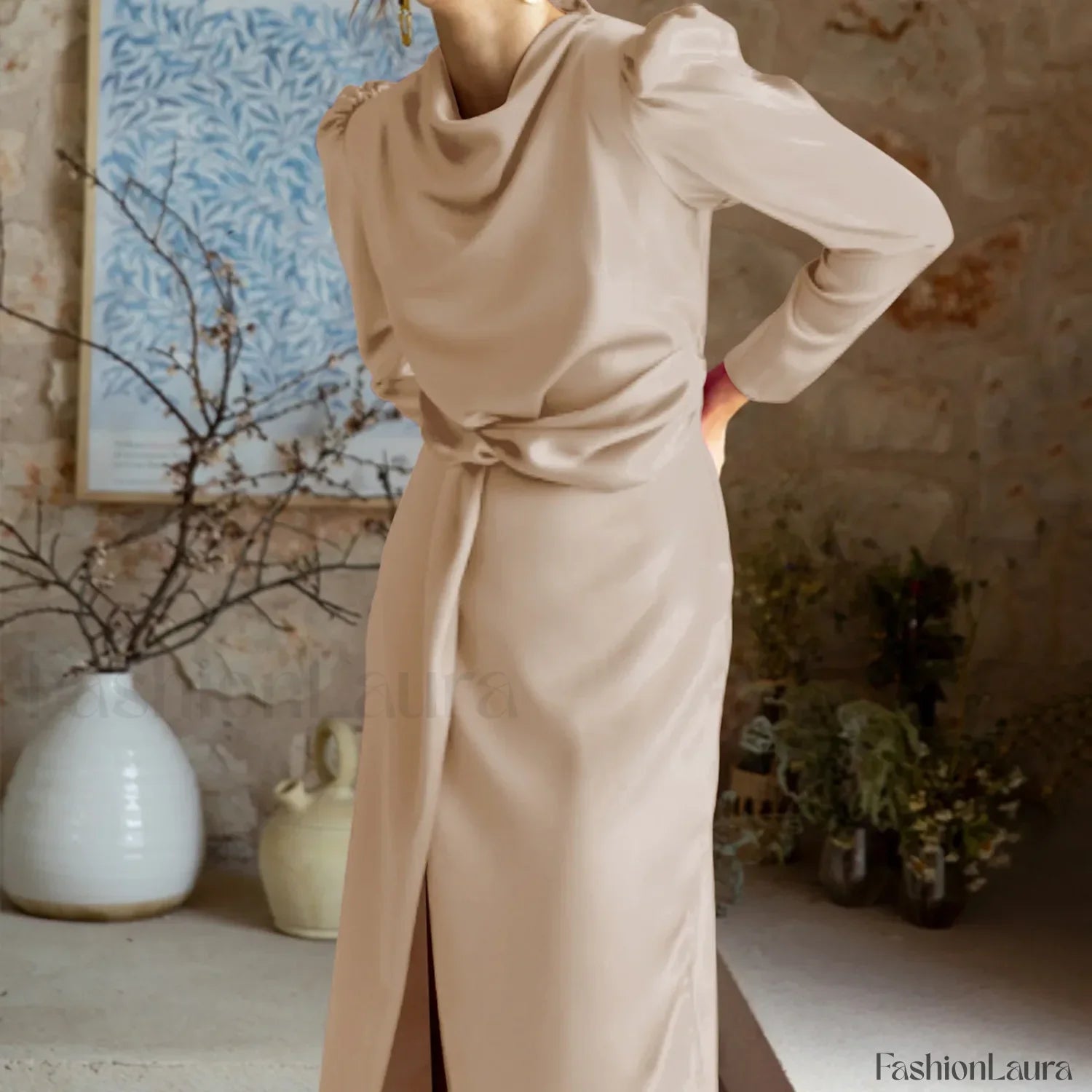 Women's Formal Satin Mock Neck Long Sleeve Silk High Slit Lace Up Cocktail Wedding Guest Maxi Party Prom Dress