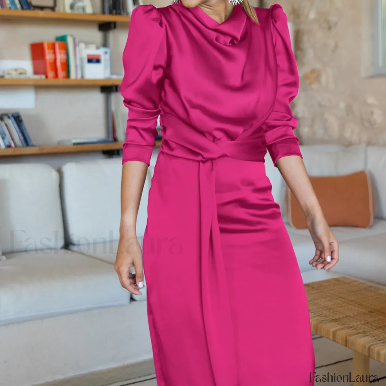 Women's Formal Satin Mock Neck Long Sleeve Silk High Slit Lace Up Cocktail Wedding Guest Maxi Party Prom Dress