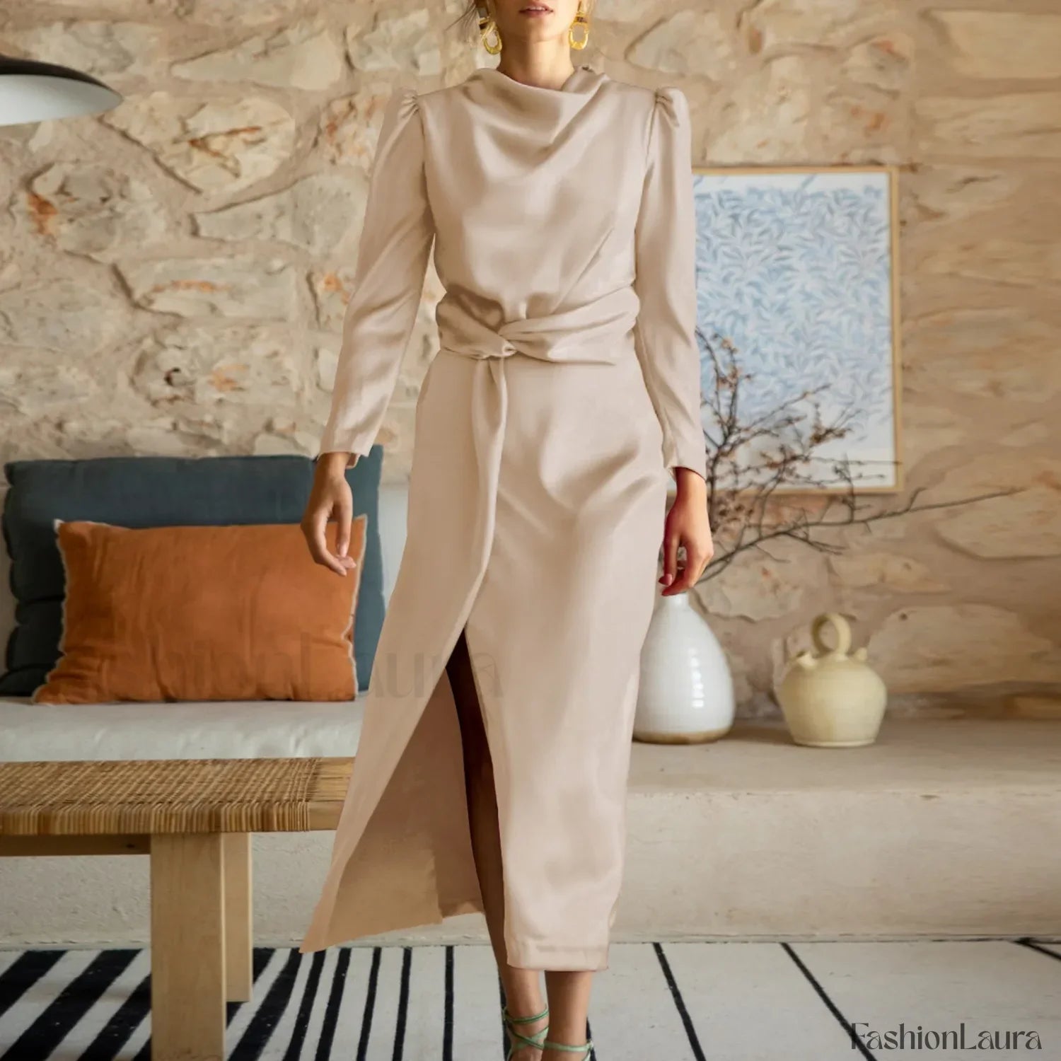 Women's Formal Satin Mock Neck Long Sleeve Silk High Slit Lace Up Cocktail Wedding Guest Maxi Party Prom Dress