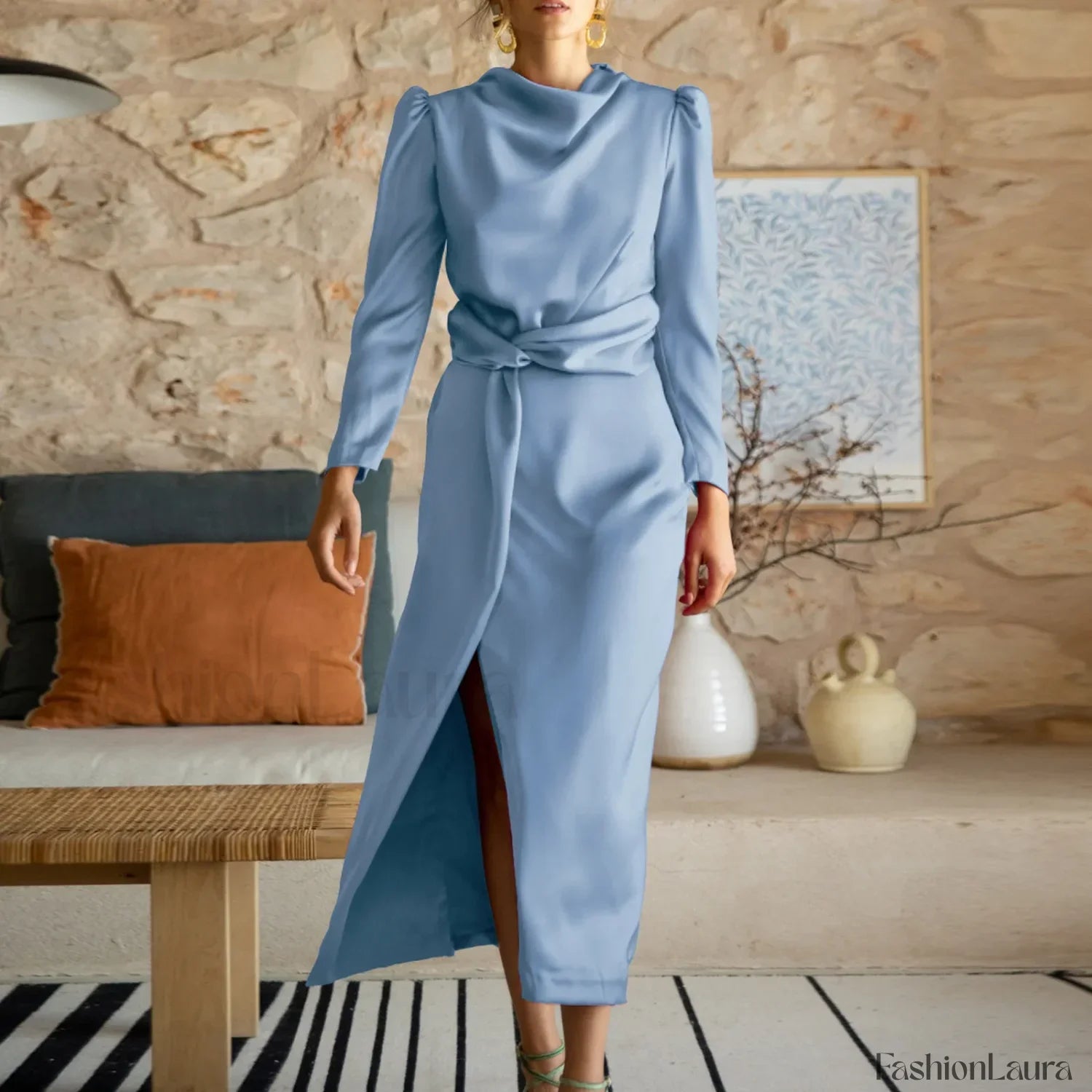 Women's Formal Satin Mock Neck Long Sleeve Silk High Slit Lace Up Cocktail Wedding Guest Maxi Party Prom Dress