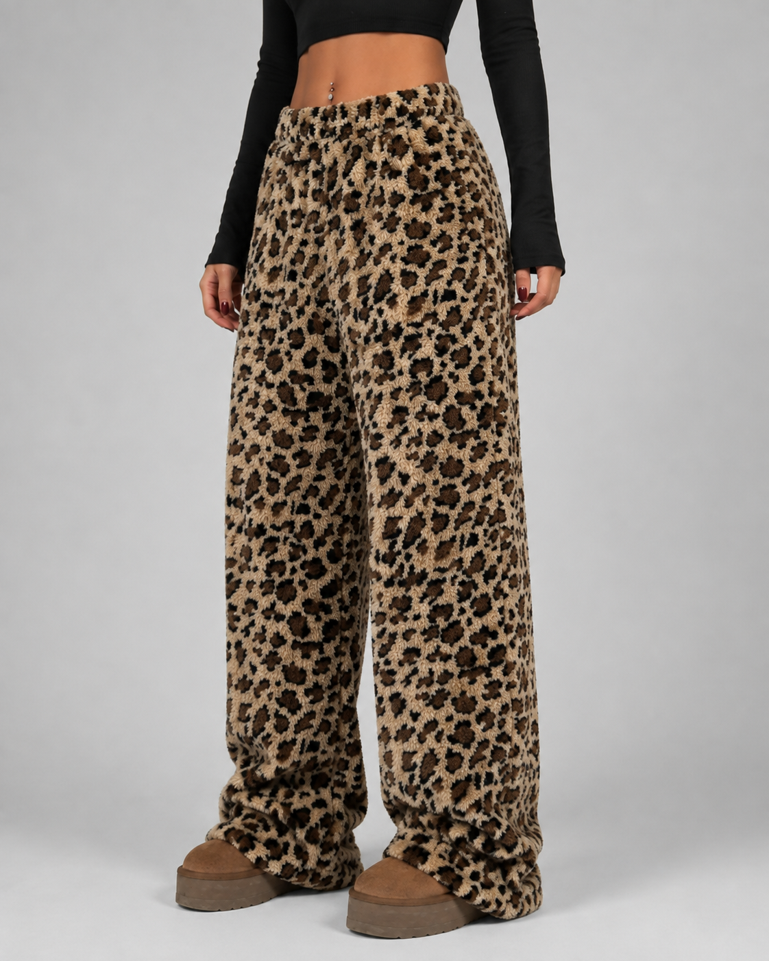 Fuzzy Leopard Print High Waist Wide Leg Pants 4