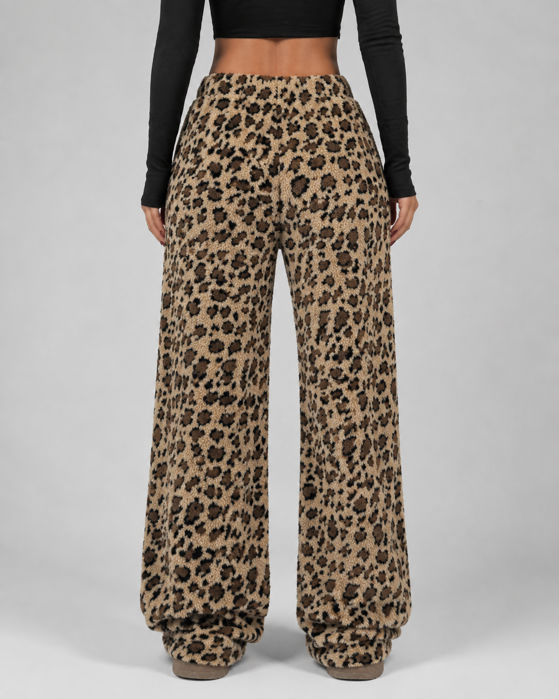 Fuzzy Leopard Print High Waist Wide Leg Pants 5