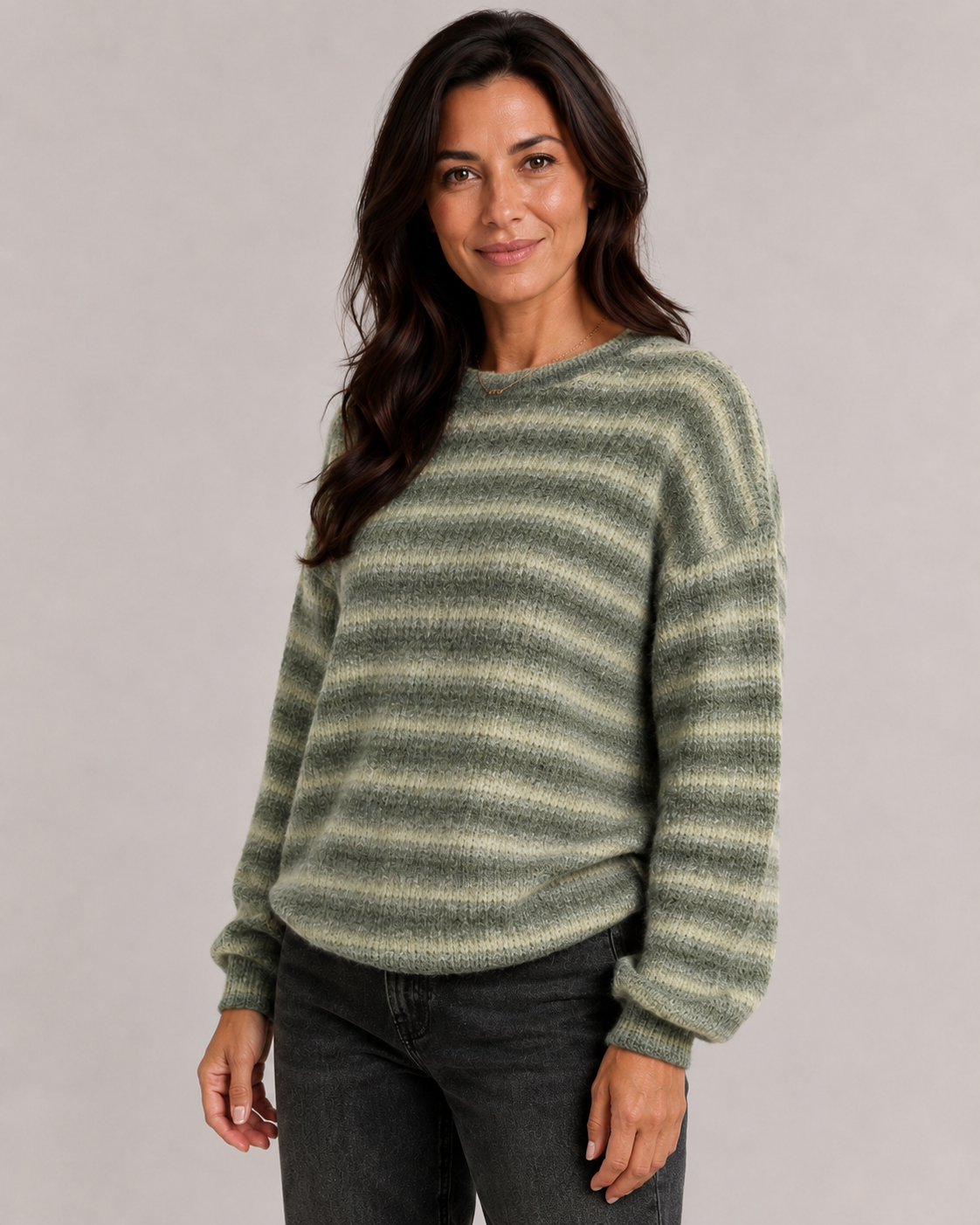 Women's Fuzzy Striped Crew Neck Sweater - Relaxed Fit