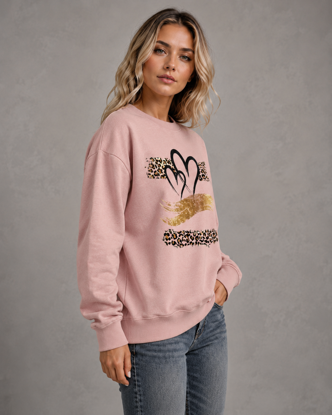 Heart Leopard Graphic Drop Shoulder Sweatshirt