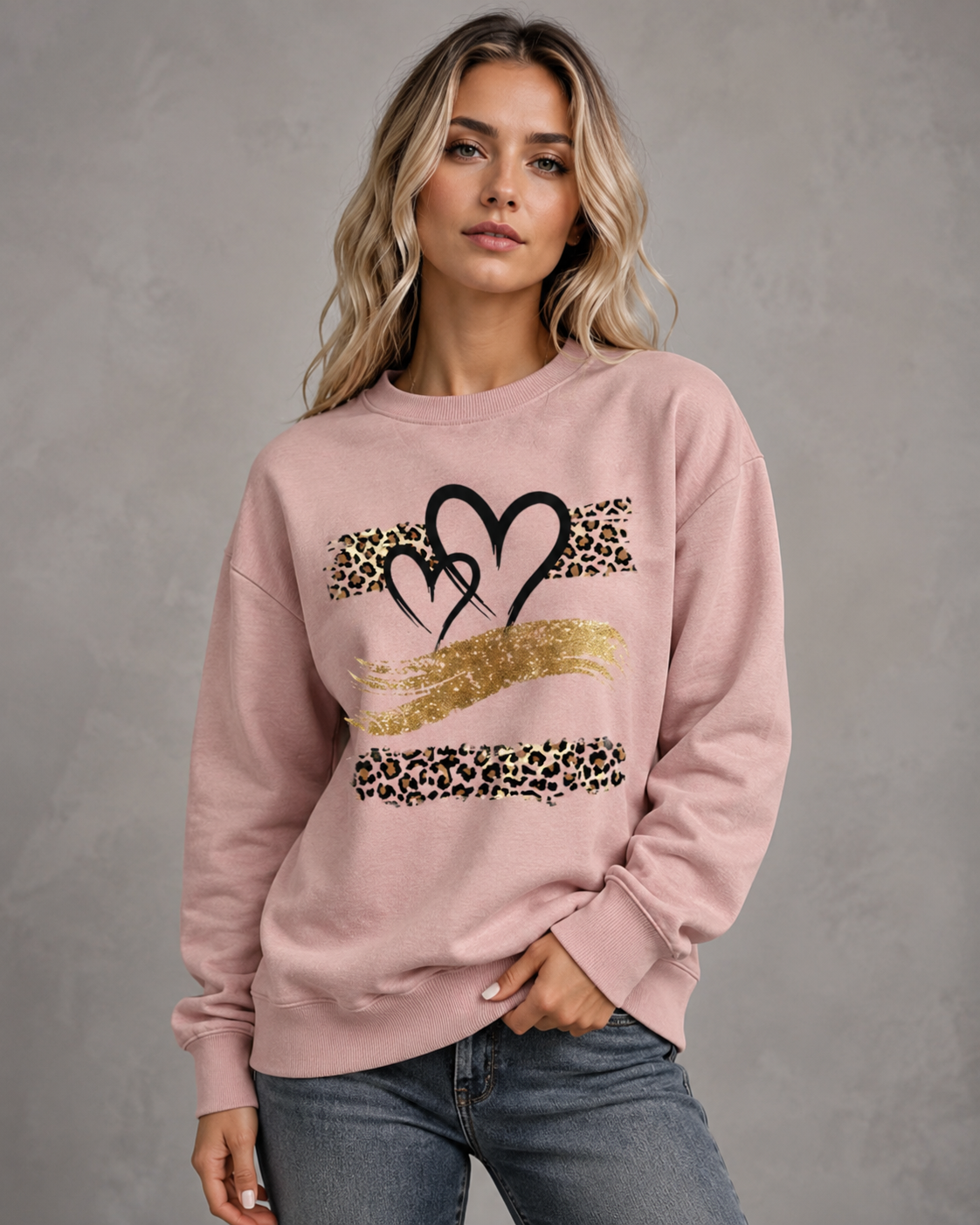 Heart Leopard Graphic Drop Shoulder Sweatshirt