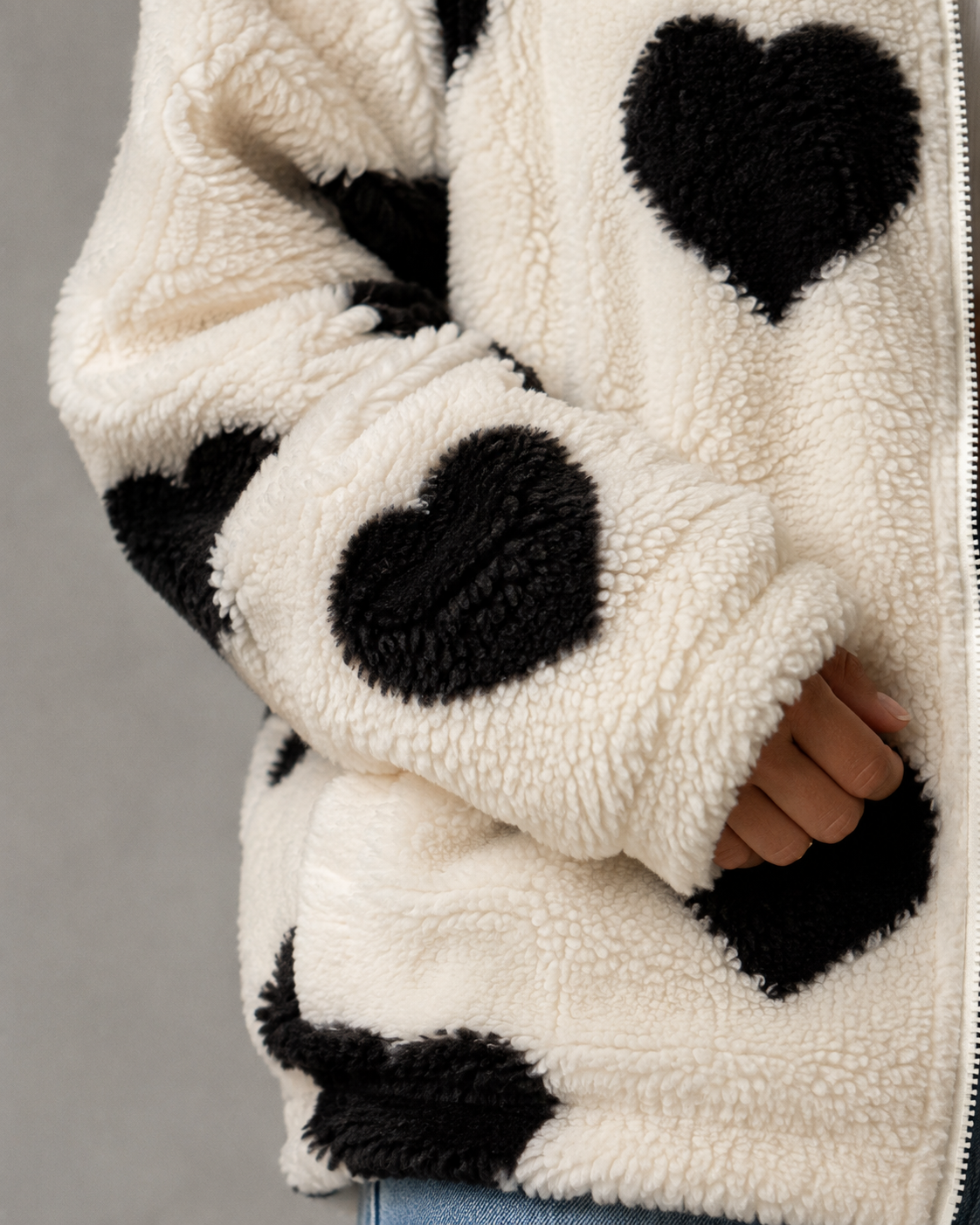 Heart Print Zip Front Teddy Fleece Jacket