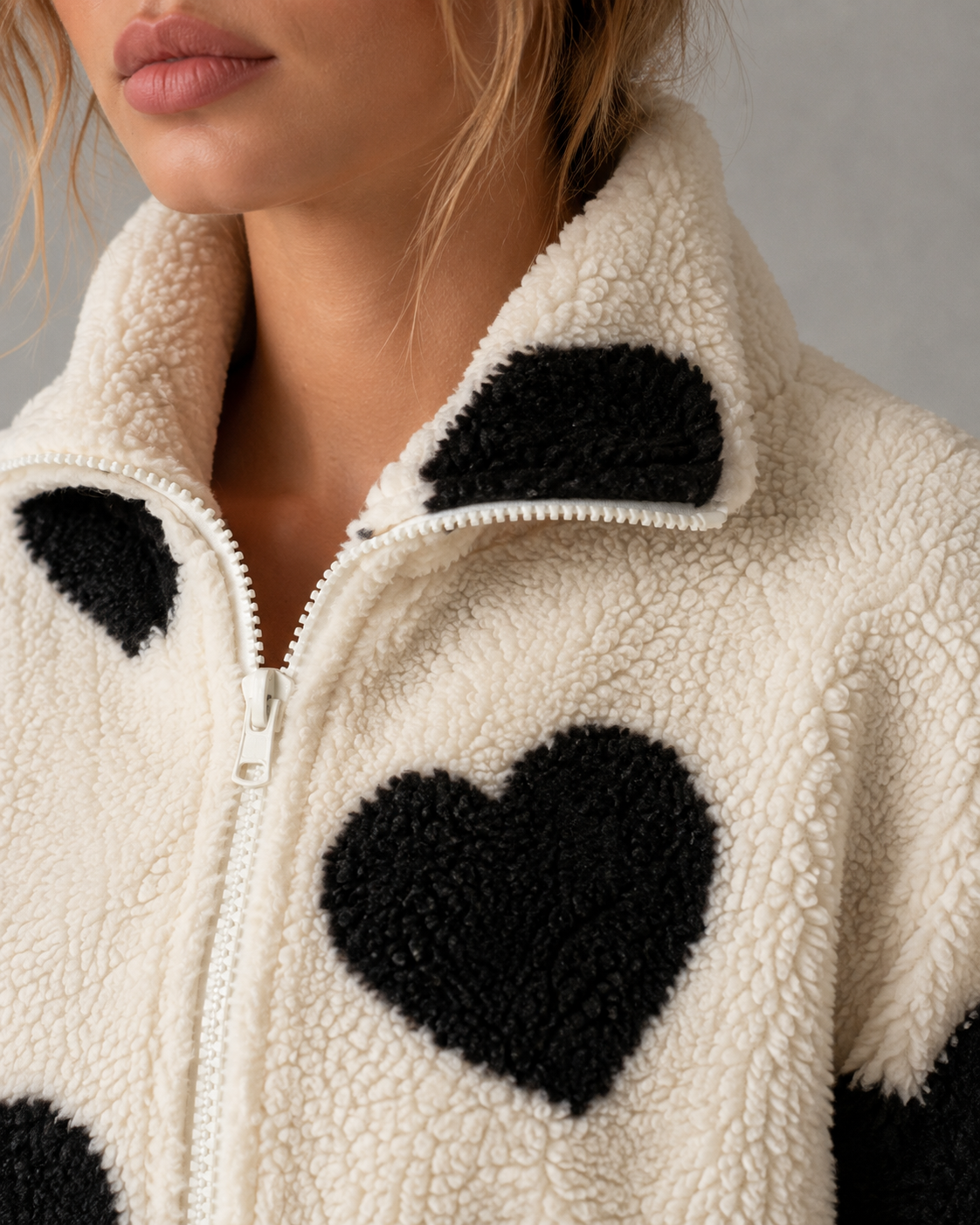 Heart Print Zip Front Teddy Fleece Jacket