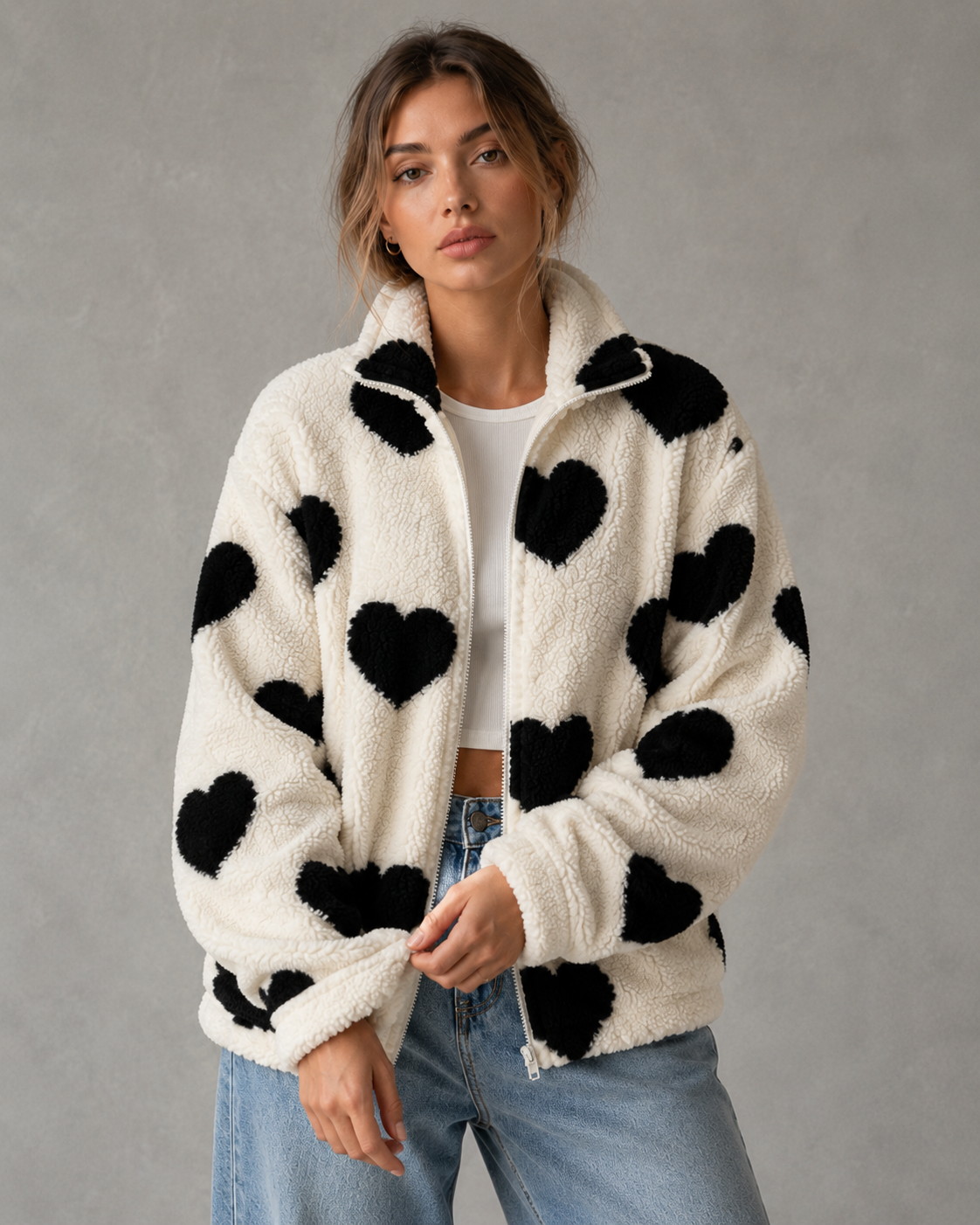 Heart Print Zip Front Teddy Fleece Jacket