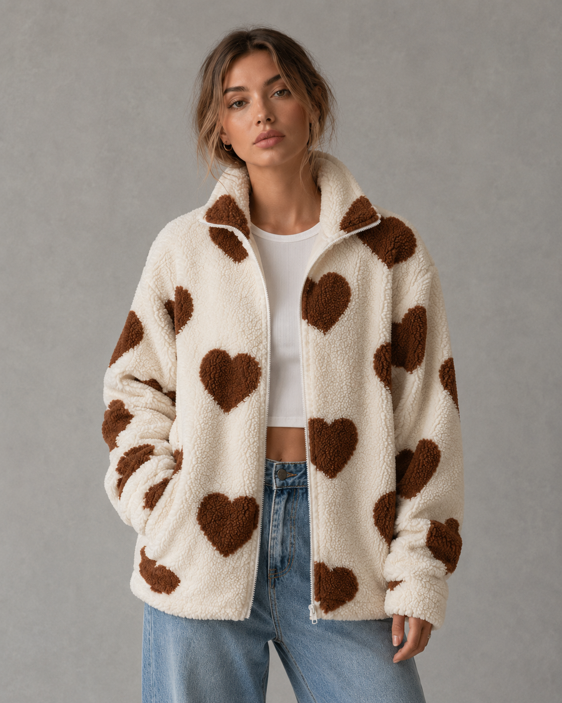 Heart Print Zip Front Teddy Fleece Jacket