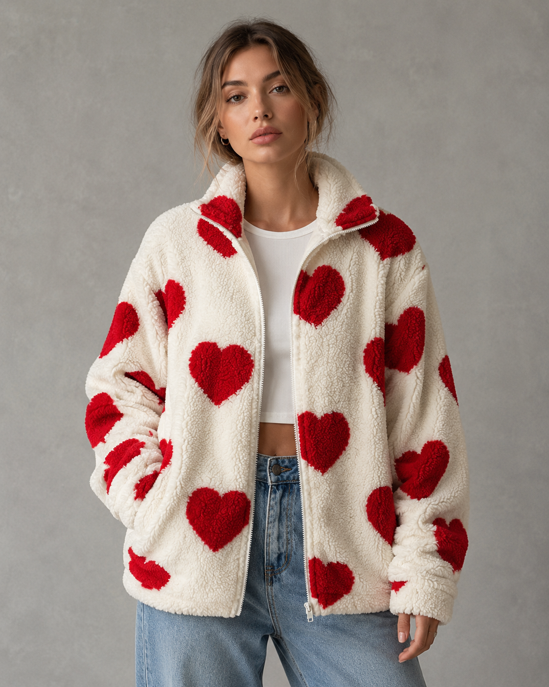 Heart Print Zip Front Teddy Fleece Jacket