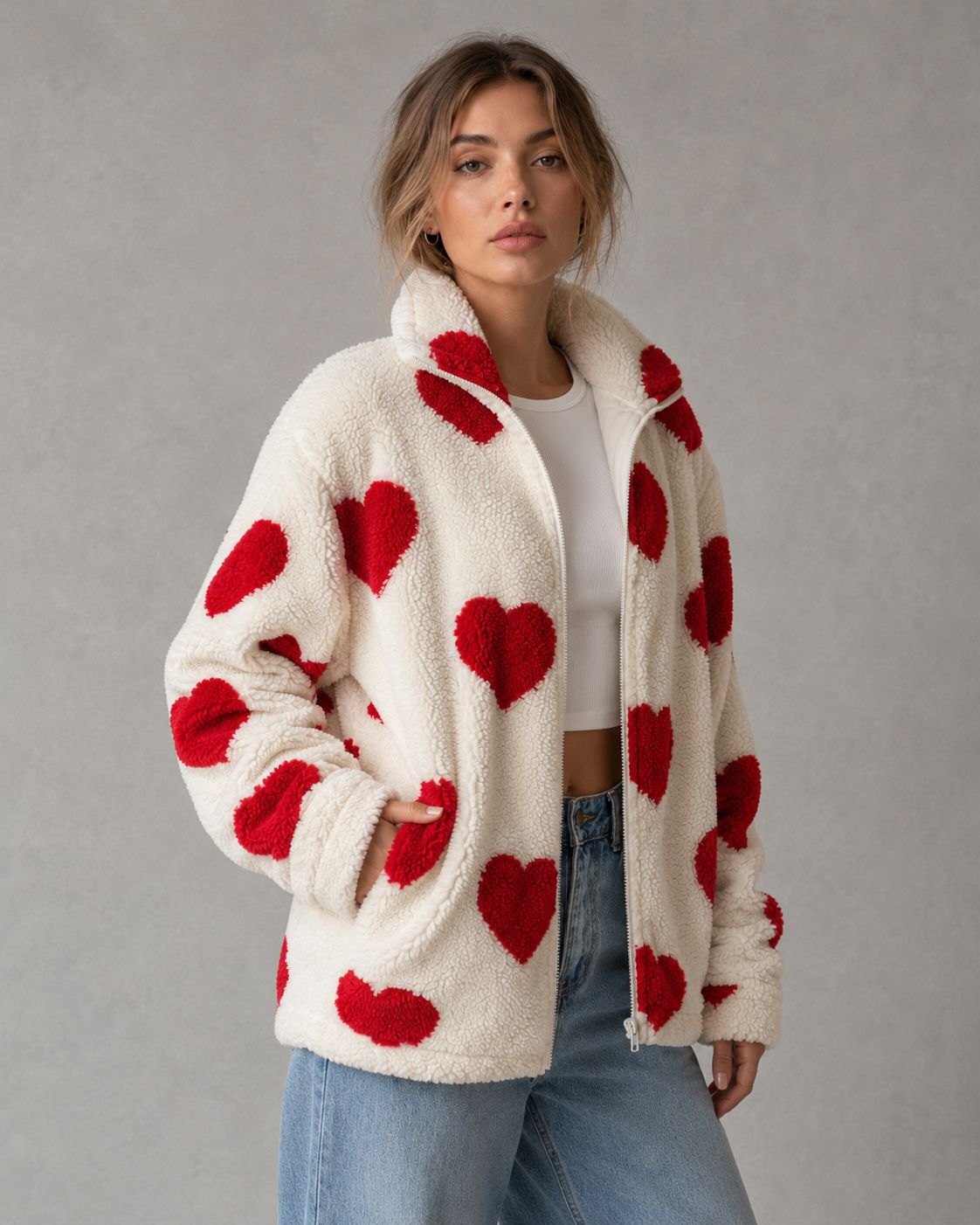 Heart Print Zip Front Teddy Fleece Jacket