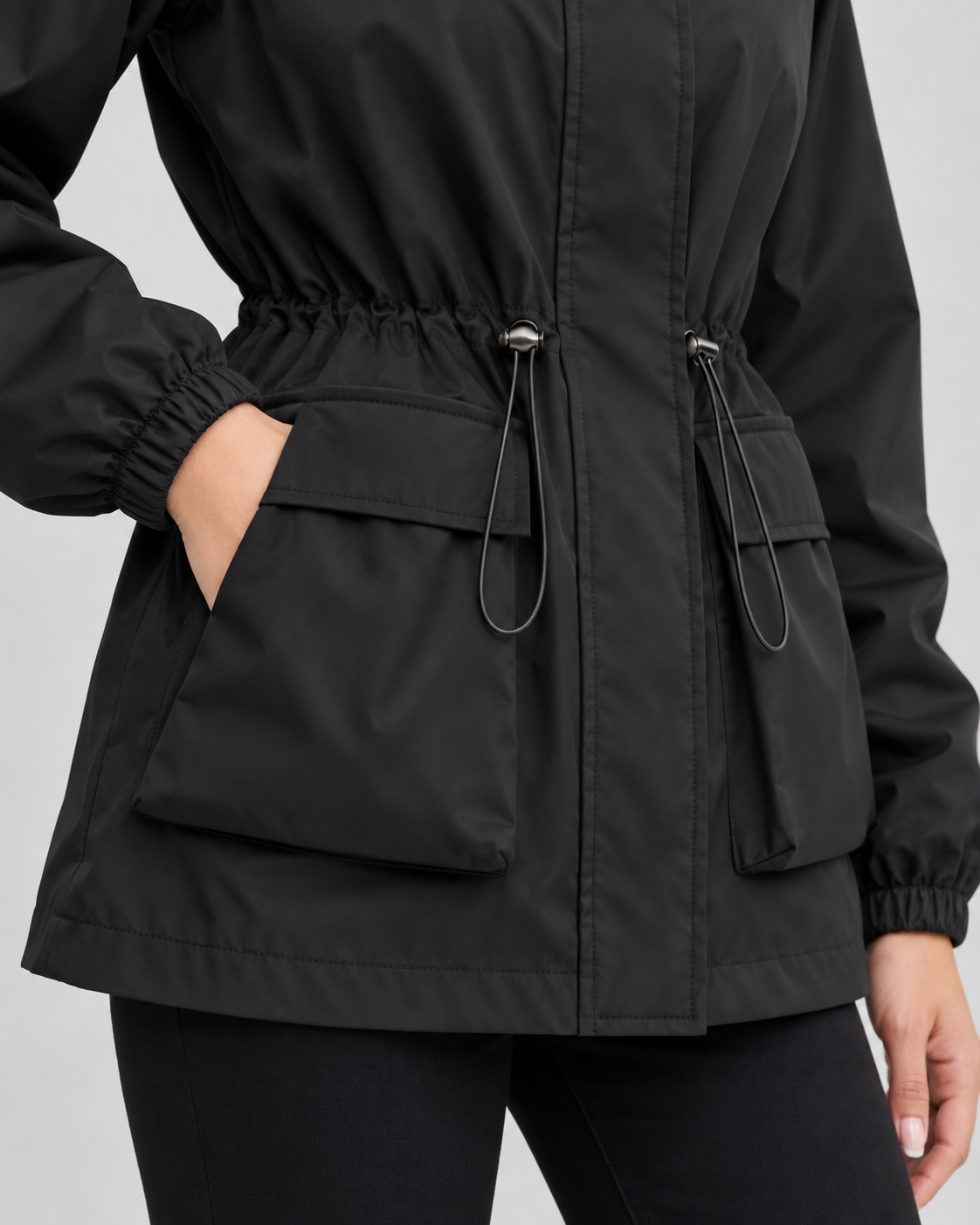 Women's Hooded Utility Jacket - Drawstring Waist Flap Pockets