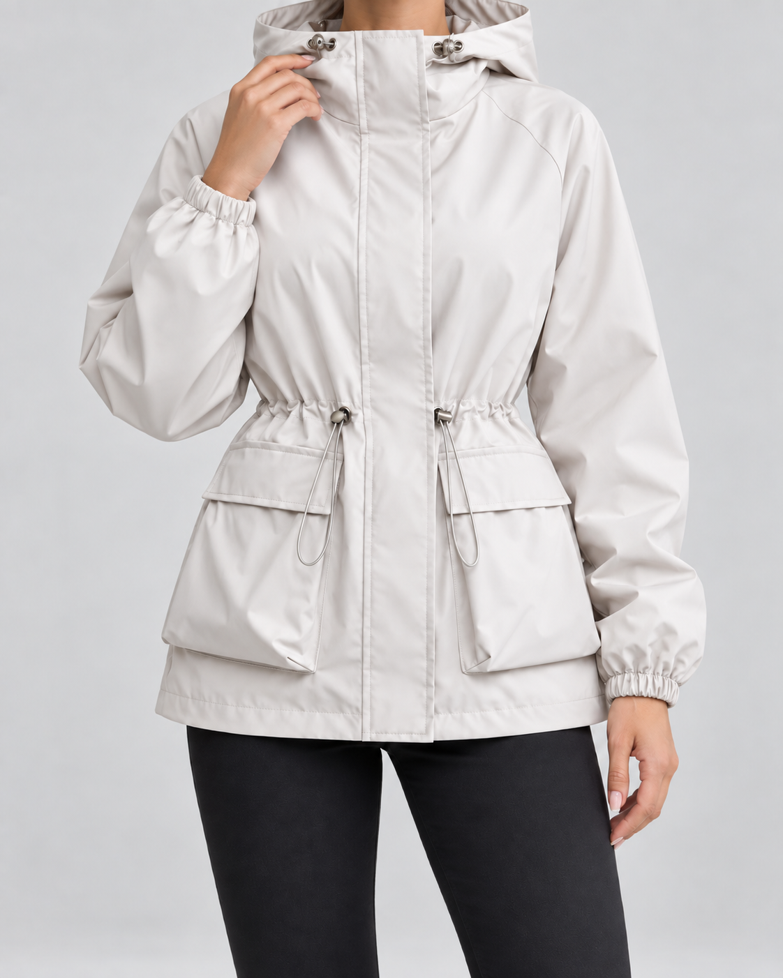 Women's Hooded Utility Jacket - Drawstring Waist Flap Pockets