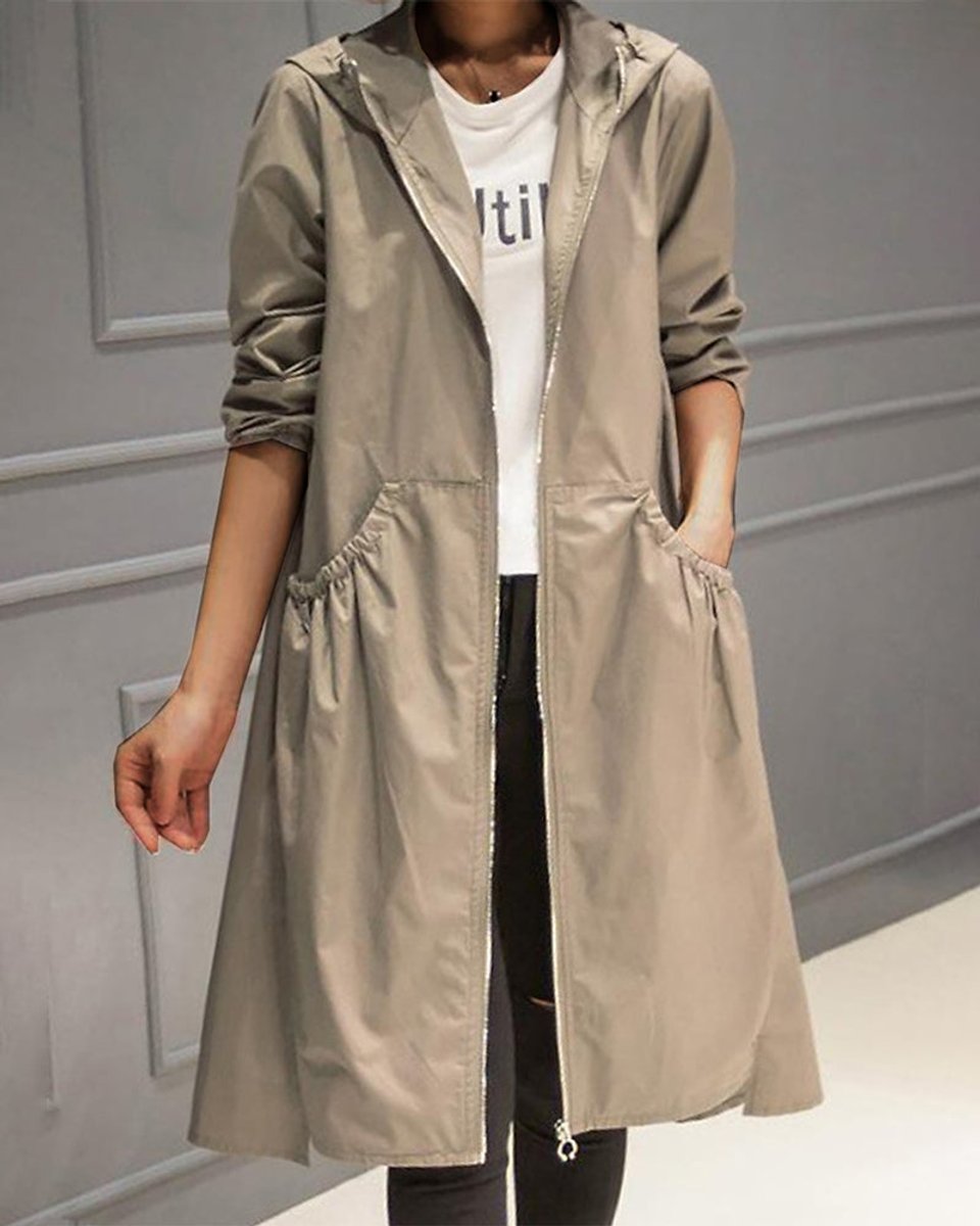 Hooded Zip Front Drawstring Longline Trench Coat