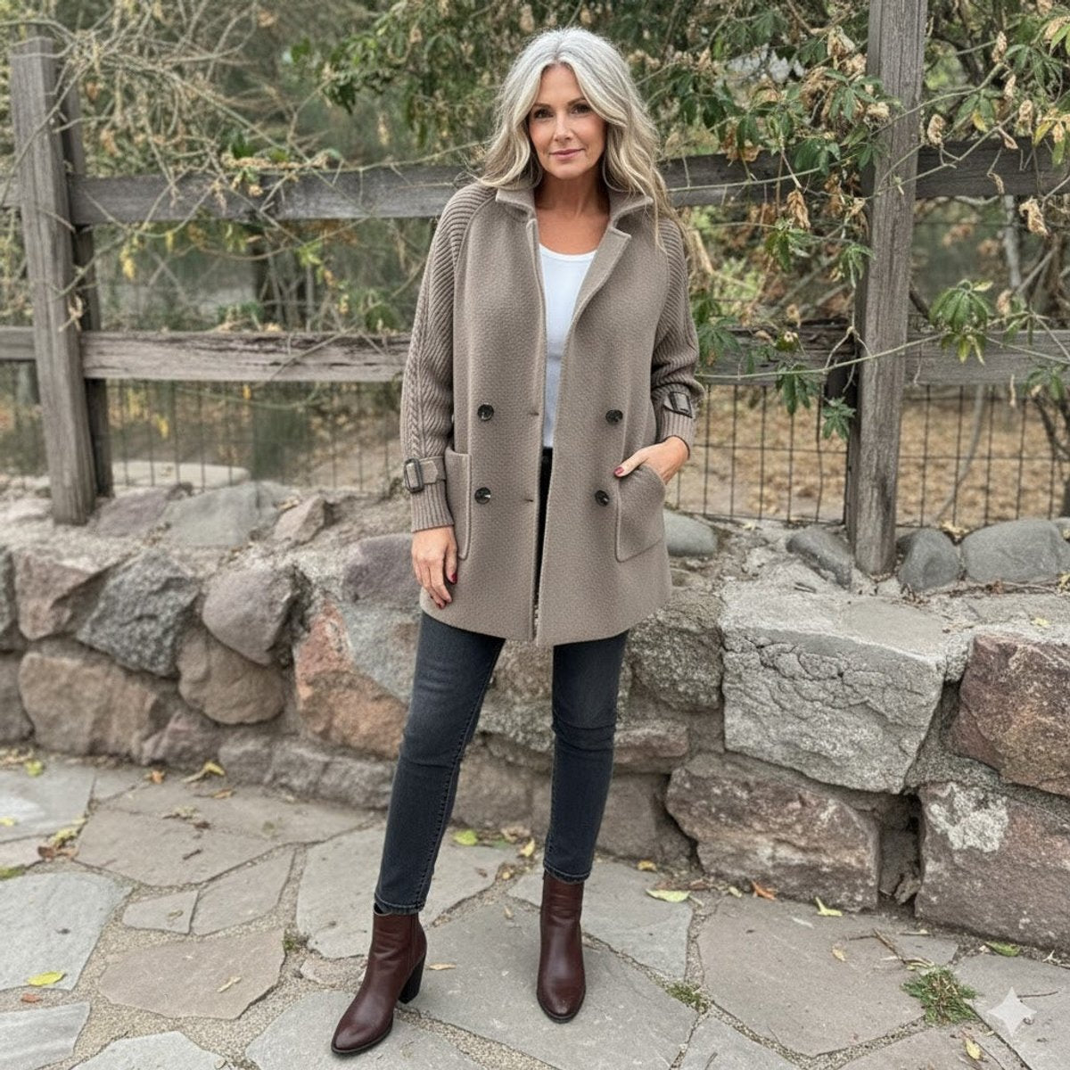 Double Breasted Knit Sleeve Stand Collar Coat