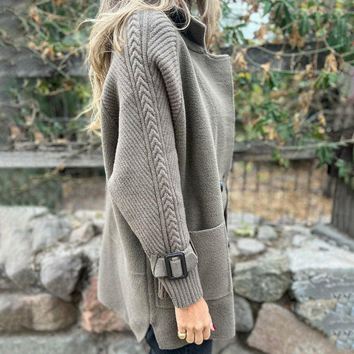 Double Breasted Knit Sleeve Stand Collar Coat