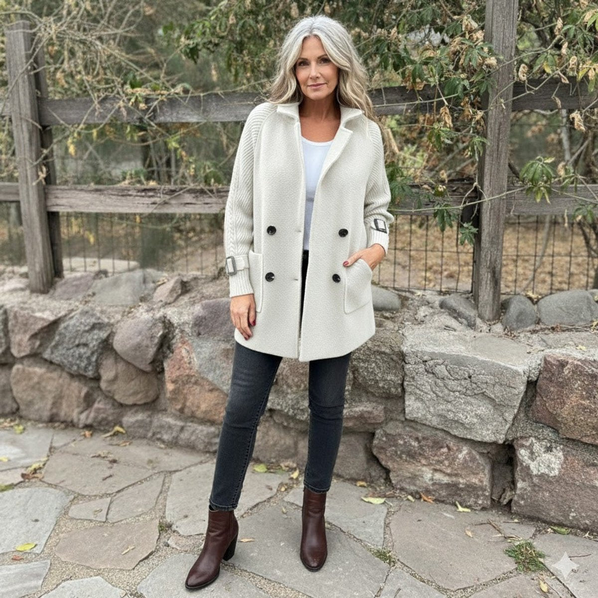 Double Breasted Knit Sleeve Stand Collar Coat