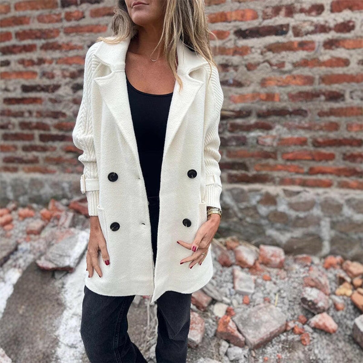 Double Breasted Knit Sleeve Stand Collar Coat