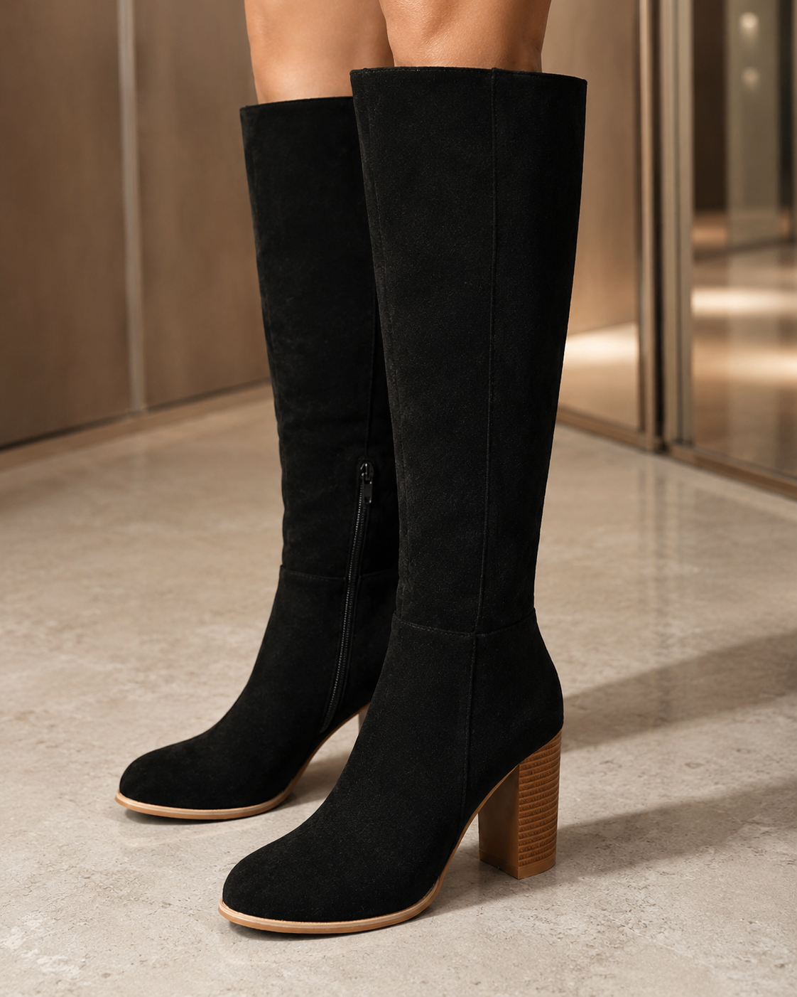 Round Toe Side Zip Block Heel Knee High Boots