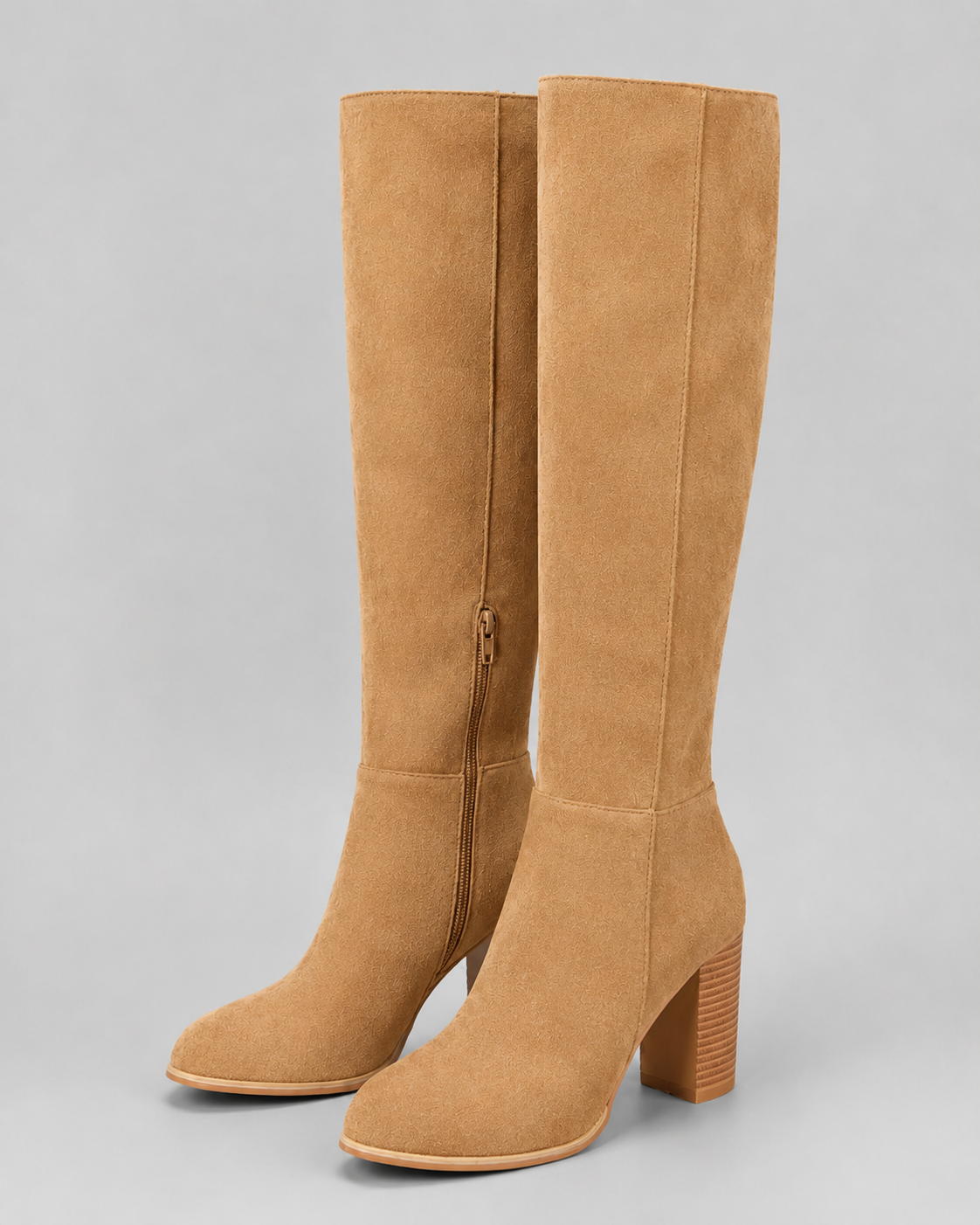 Round Toe Side Zip Block Heel Knee High Boots